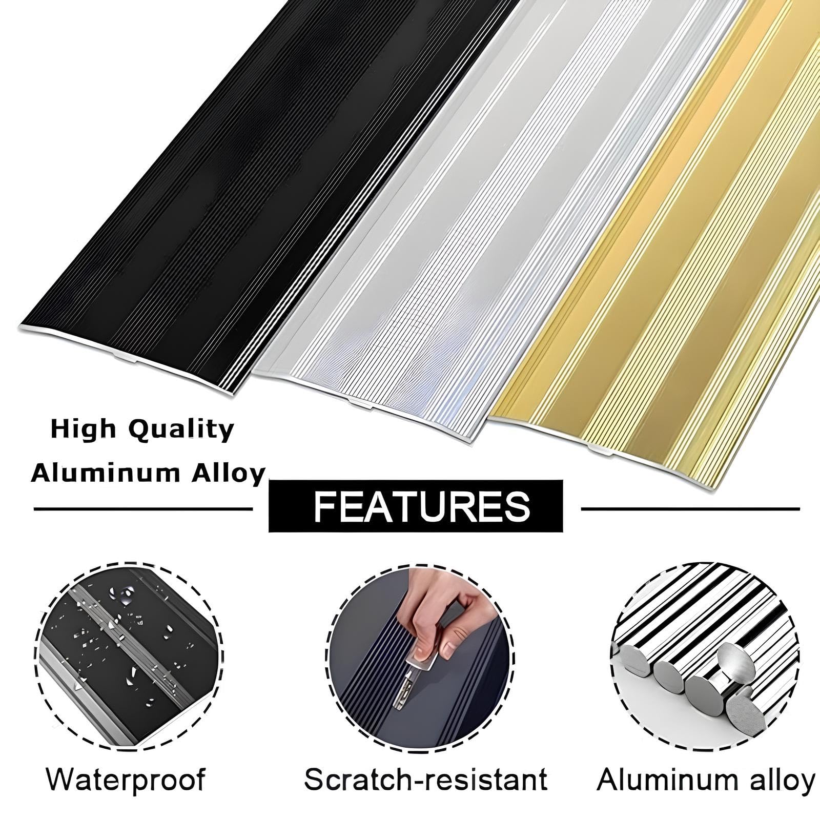 Perfil de Transición de Aluminio, Tira de Umbral Perfil de Piso en Anodizado Tapajuntas para Suelo Atornillar Ancho 60mm(Black,140cm/55in)