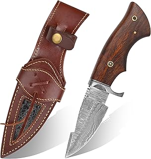 10” Handmade Fixed Blade Hunting knife with Leather Sheath,Full Tang Damascus steel Hunting Knives,Bushcraft knives-Ideal for Camping,Skinning, Outdoor - QEPAA CRAFTS