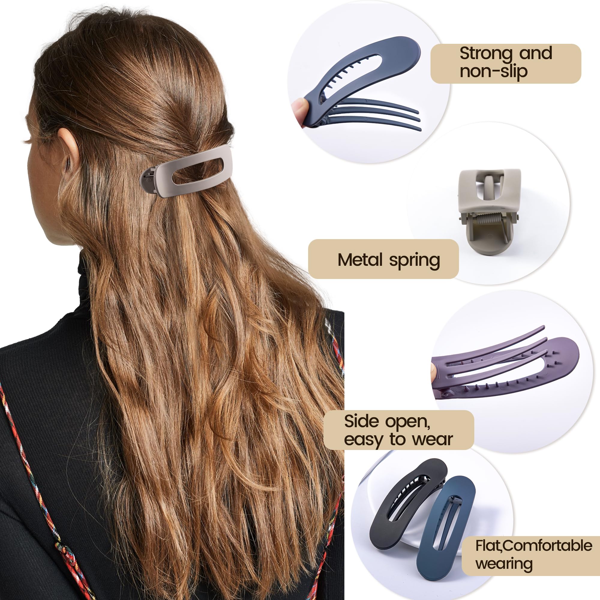 Cptots 8 Pcs Large Lay Flat Claw Clips for Women French Side Slide Barrettes for Thin Fine Hair Rectangle Alligator Hair Accessories,Matte Khaki Purple Blue Black - Image 4