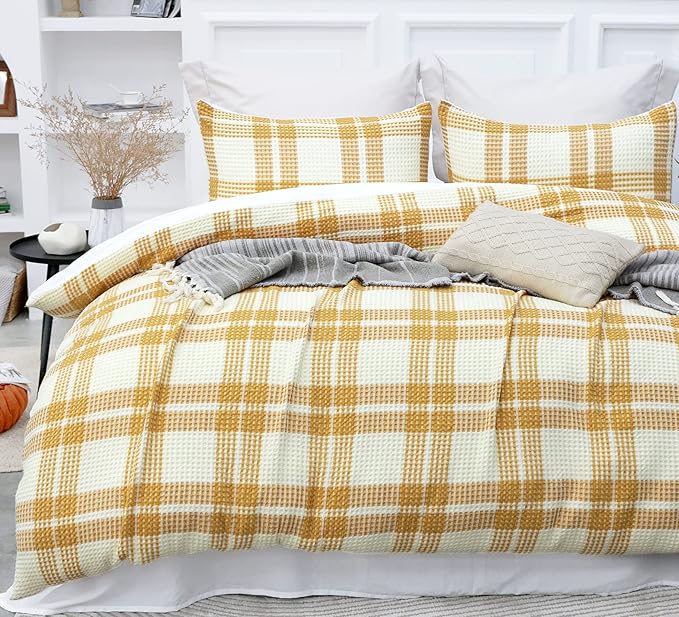 Natural Union Cotton Blend Waffle Weave Duvet Cover King Size Textured Plaid Bedding 3pc Soft Lightweight and Breathable Comforter Cover (90X104, Yellow and Cream)