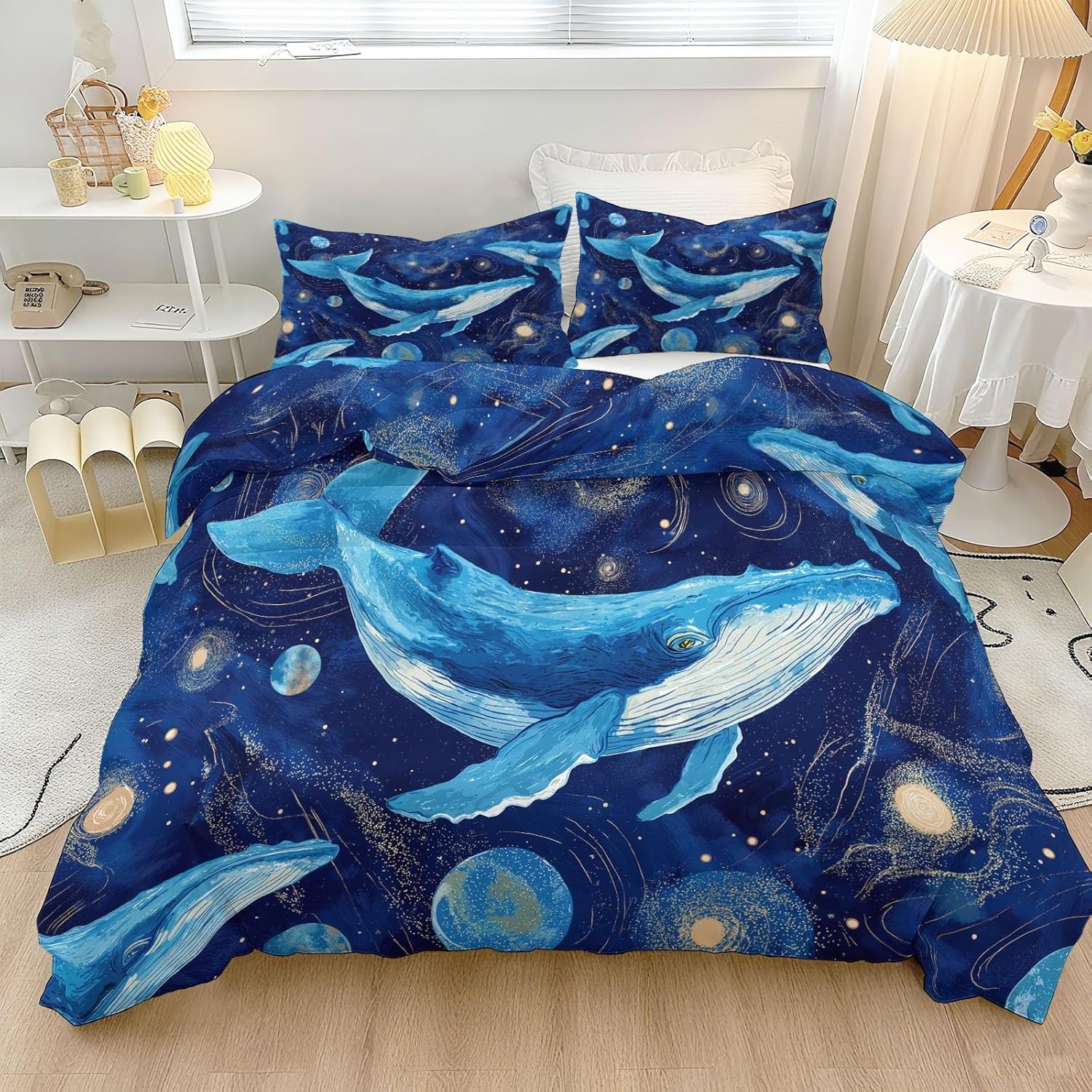 Reversible Duvet Cover Set Watercolor Space Whale Planets Print Soft & Breathable Blue Microfiber Comforter Cover Set for Kids Teens Room Decor, Twin Size Bedding Set with Zipper Closure & Ties