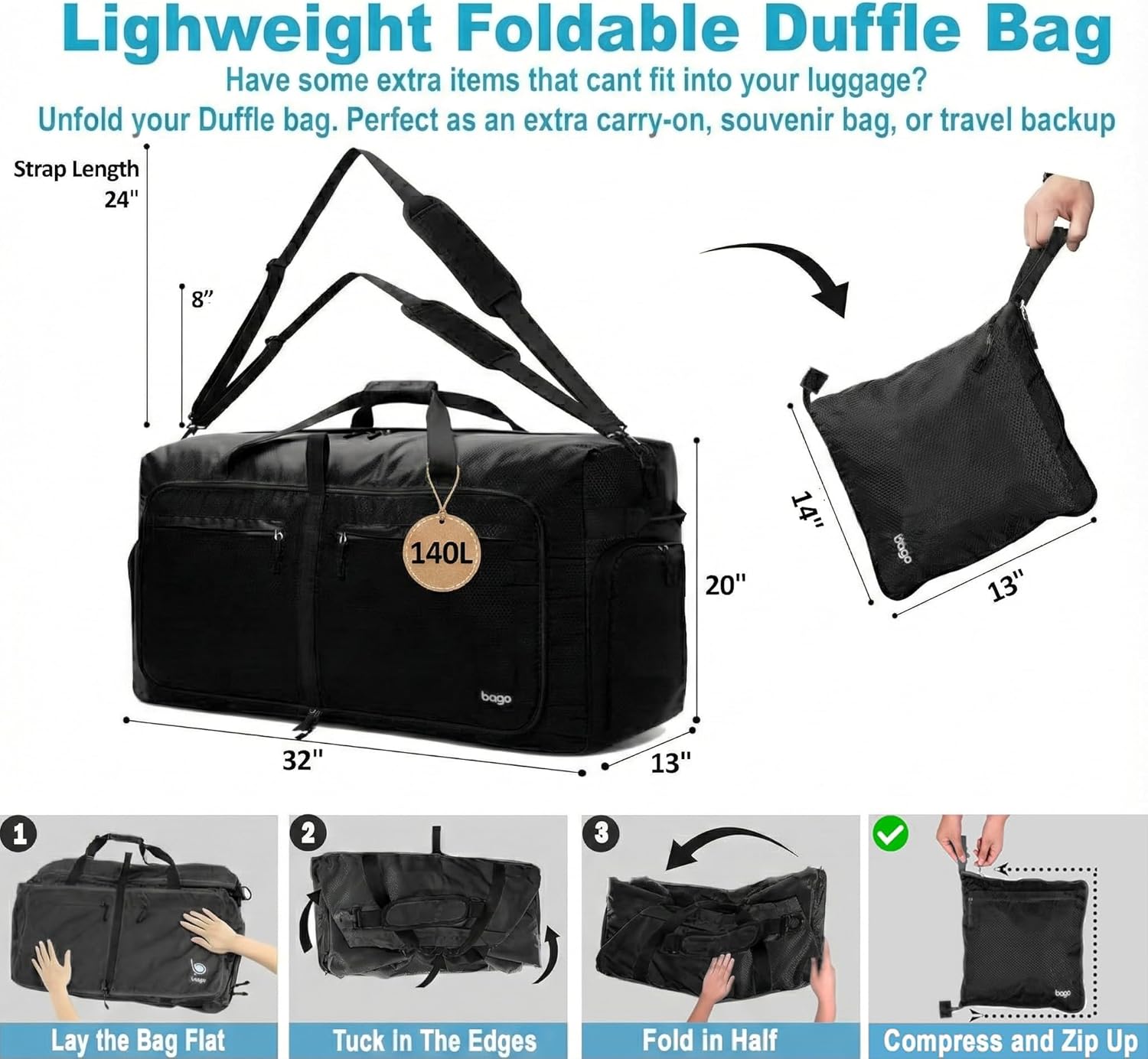 Bago Big XXL Foldable Duffel Bags for Traveling Women & Men - 140L Packable Duffle Bag for Travel with Shoe Compartment - Water Repellant, Heavy Duty, Lightweight Folding & Collapsible (All Black) - Image 3