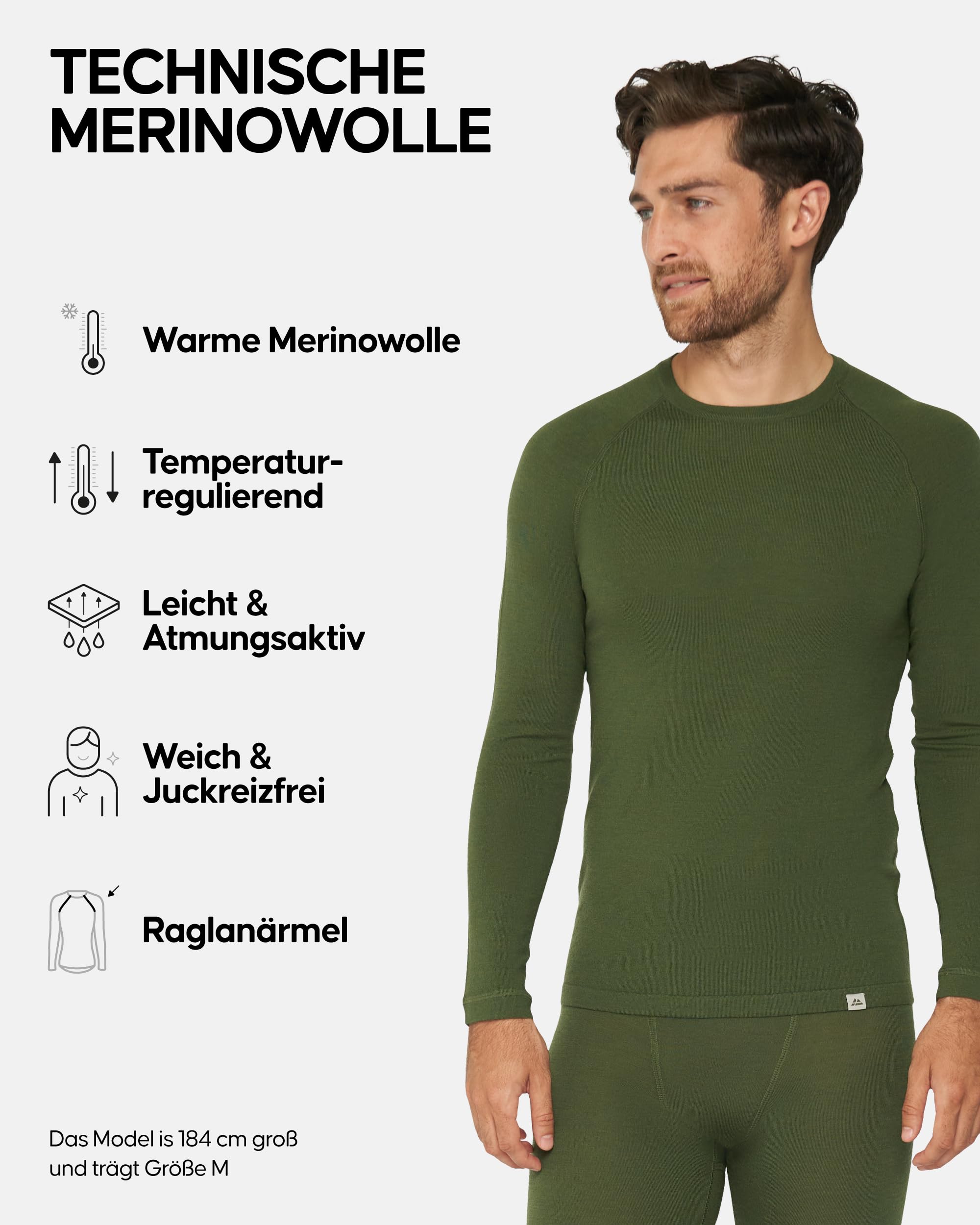 DANISH ENDURANCE Merino Langarm Shirt Herren, Premium Thermounterwäsche, Skiunterwäsche, Temperaturregulierendes Funktionsshirt, Thermoshirt, Warm & Atmungsaktiv