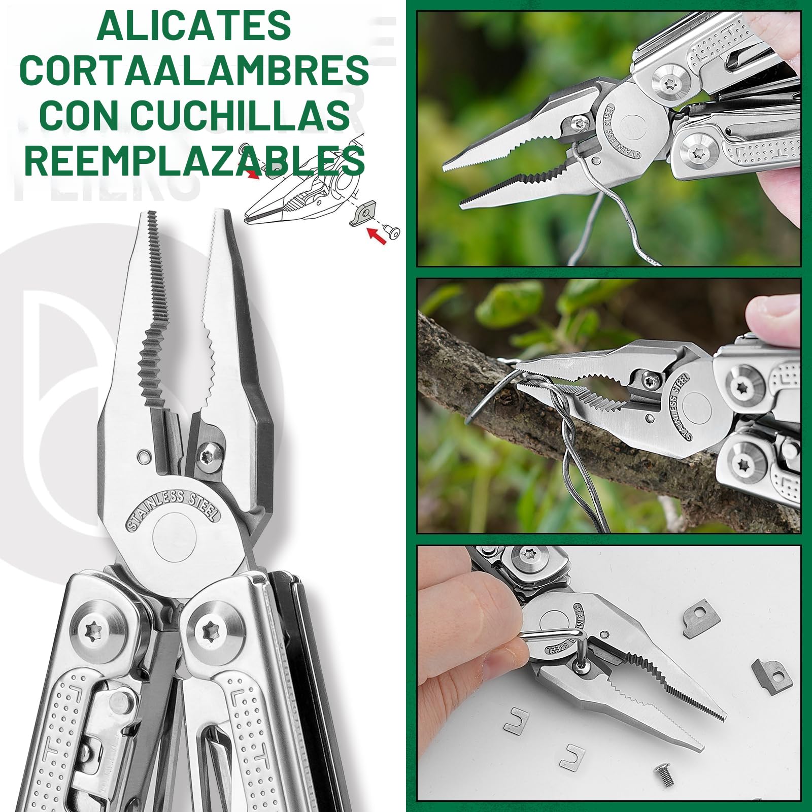 BIBURY Multiherramientas, alicates plegables con hoja de sierra mejorada y bisturí,regalo para hombres,Navaja Multiusos de Acero Inoxidable para la trabajo exterior, camping, reparación - Pro BI2049