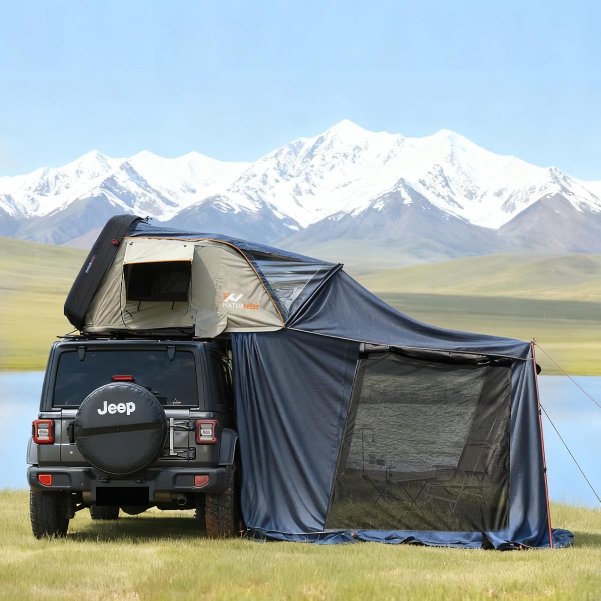 Naturnest Tienda de campaña en la azotea con carcasa dura con habitación anexa, tienda grande de fácil instalación para acampar de 2 a 3 personas, tiendas de campaña impermeables para 4 estaciones para camión, jeep, SUV, furgoneta, remolque - Sirius 1 con habitación anexa
