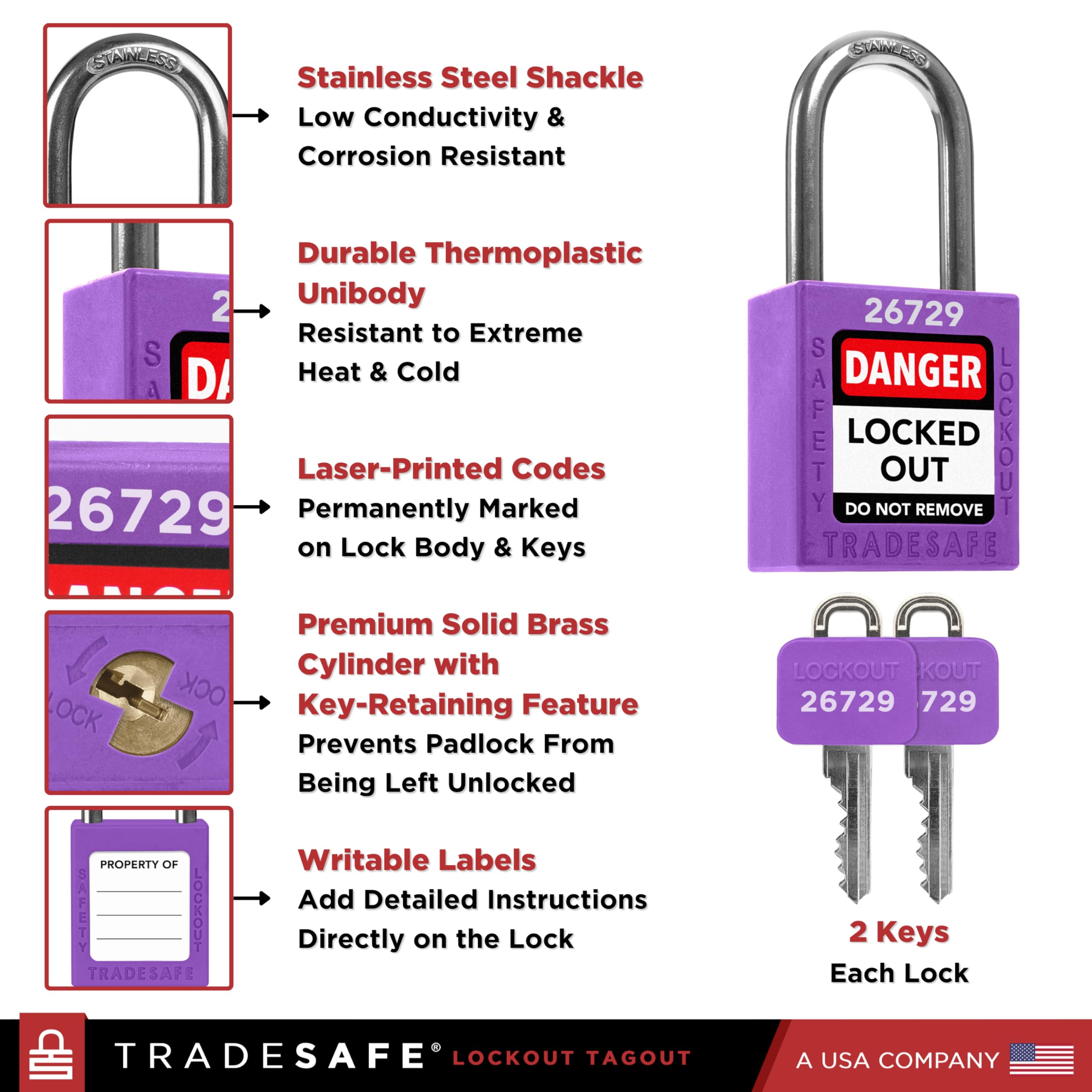 TRADESAFE Juego de cerraduras de bloqueo – 10 candados morados con llave igual, 2 llaves por cerradura, cerraduras Loto compatibles con OSHA para estaciones de etiquetado, grado premium