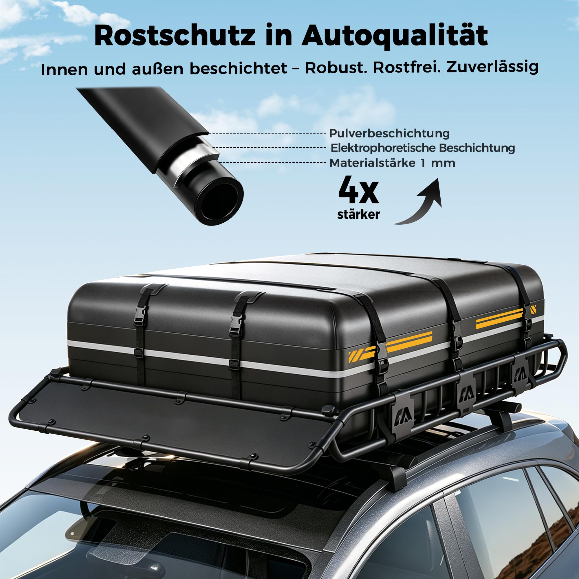 Dachgepäckträger 163 x 99 x 13 cm mit wasserdichter Dachtasche 556L | 90kg Tragfähigkeit, Verstellbare Trennstange, Gepäcknetz, Spanngurte & Schlösser, Universal für SUV Pickup Camping