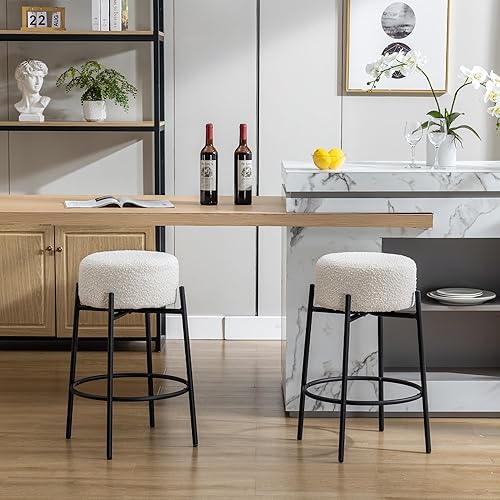 Miniatura 2 de Juego de 2 taburetes de bar modernos de altura de mostrador, taburetes de bar giratorios blancos Boucle para isla de cocina, cómodas sillas