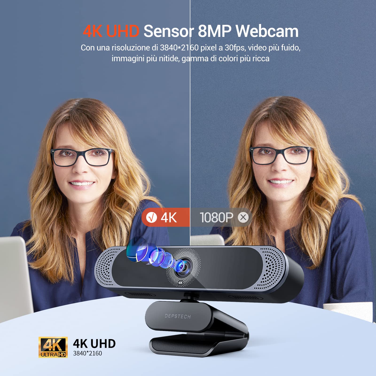 DEPSTECH Webcam 4K, DW49 Webcam HD Autofocus con Sensore da 1/3'', Doppio Microfono Antirumore, Coprilente e Treppiede, per Streaming su PC Windows, Mac, Laptop, Zoom, Skype, YouTube