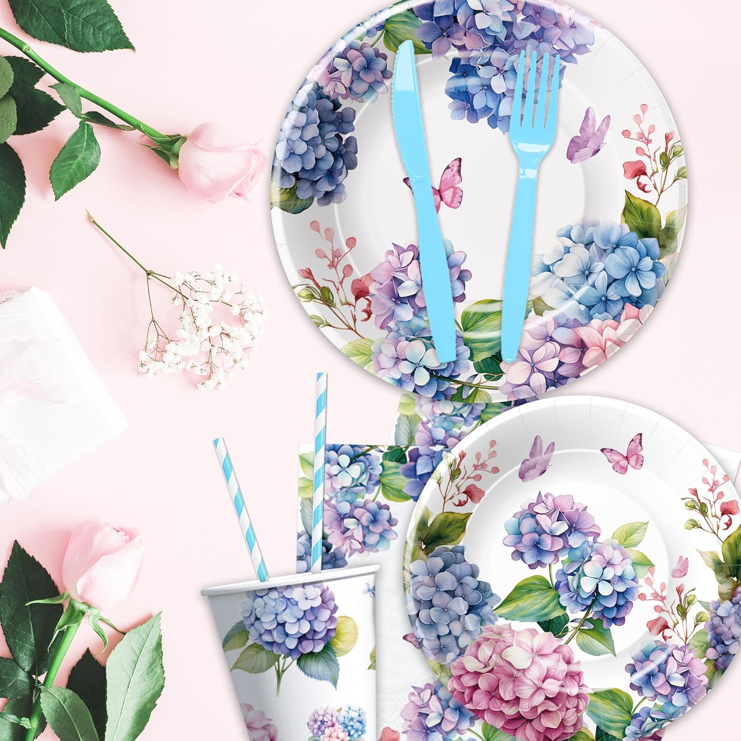 Hydrangea Floral Plates and Napkins Party Supplies - Paper Plate, Cup, Napkin, Fork - Flower Hydrangea Birthday, Bridal, Baby Shower, Wedding Decorations | Serve 24 (Pack of 2)