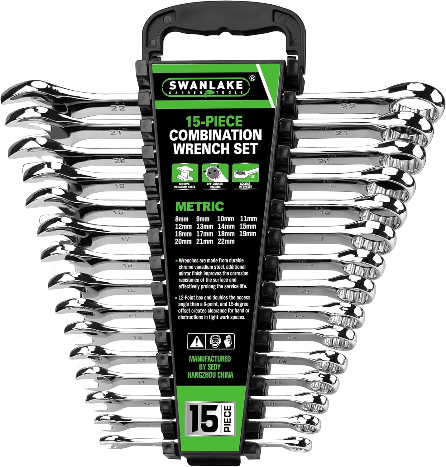 SWANLAKE GARDEN TOOLS 15-Piece Metric Wrench Sets, V Notch Premium Combination Wrench Set Metric 8-22mm, Max Torque, 12-Point, Chrome Vanadium Steel, with Storage Rack 15PCS METRIC