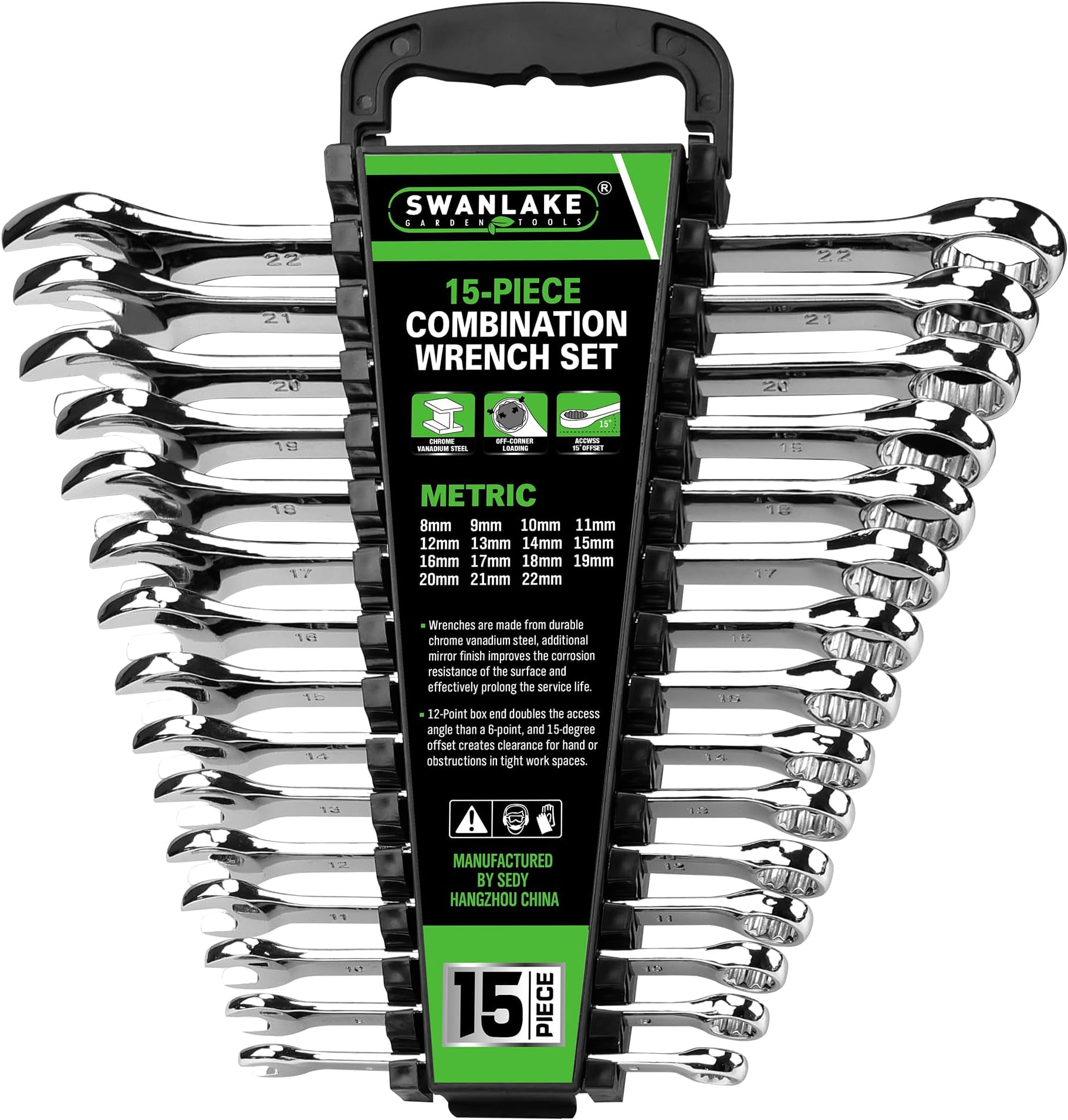 SWANLAKE 15-Piece Metric Combination Wrench Set, 12-Point Max Torque Open End Wrench Set, Cr-V Steel Wrenches 8, 9, 10, 11, 12, 13, 14, 15, 16, 17, 18, 19, 20, 21, 22mm with Storage Rack