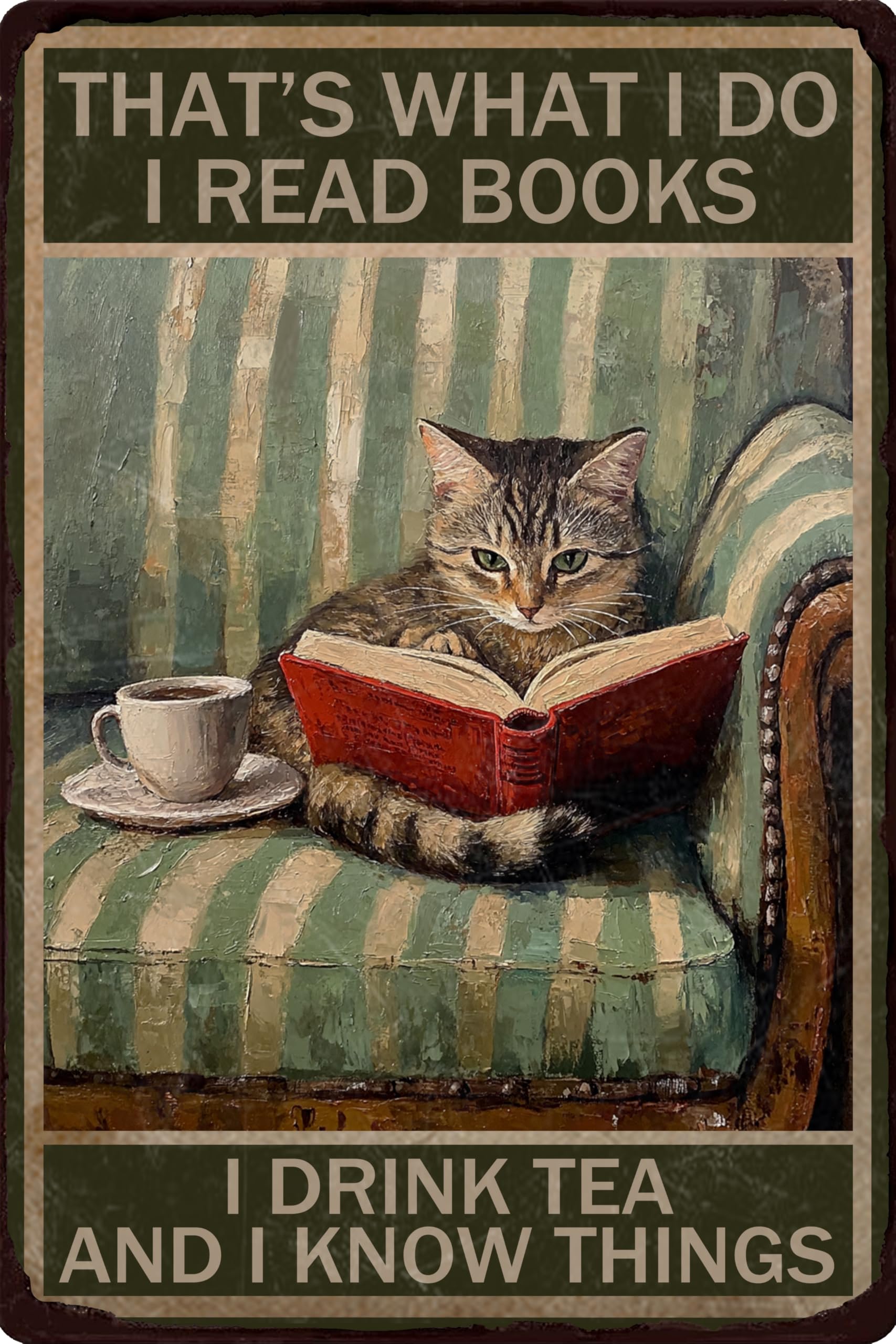 Yivxa Tin-845 Metal Sign Cat Tin Sign That's What I Do I Read Books I Drink Tea And I Know Things For Home Office Yard Garden Shop Cafe Wall Decor 8X12 Inch