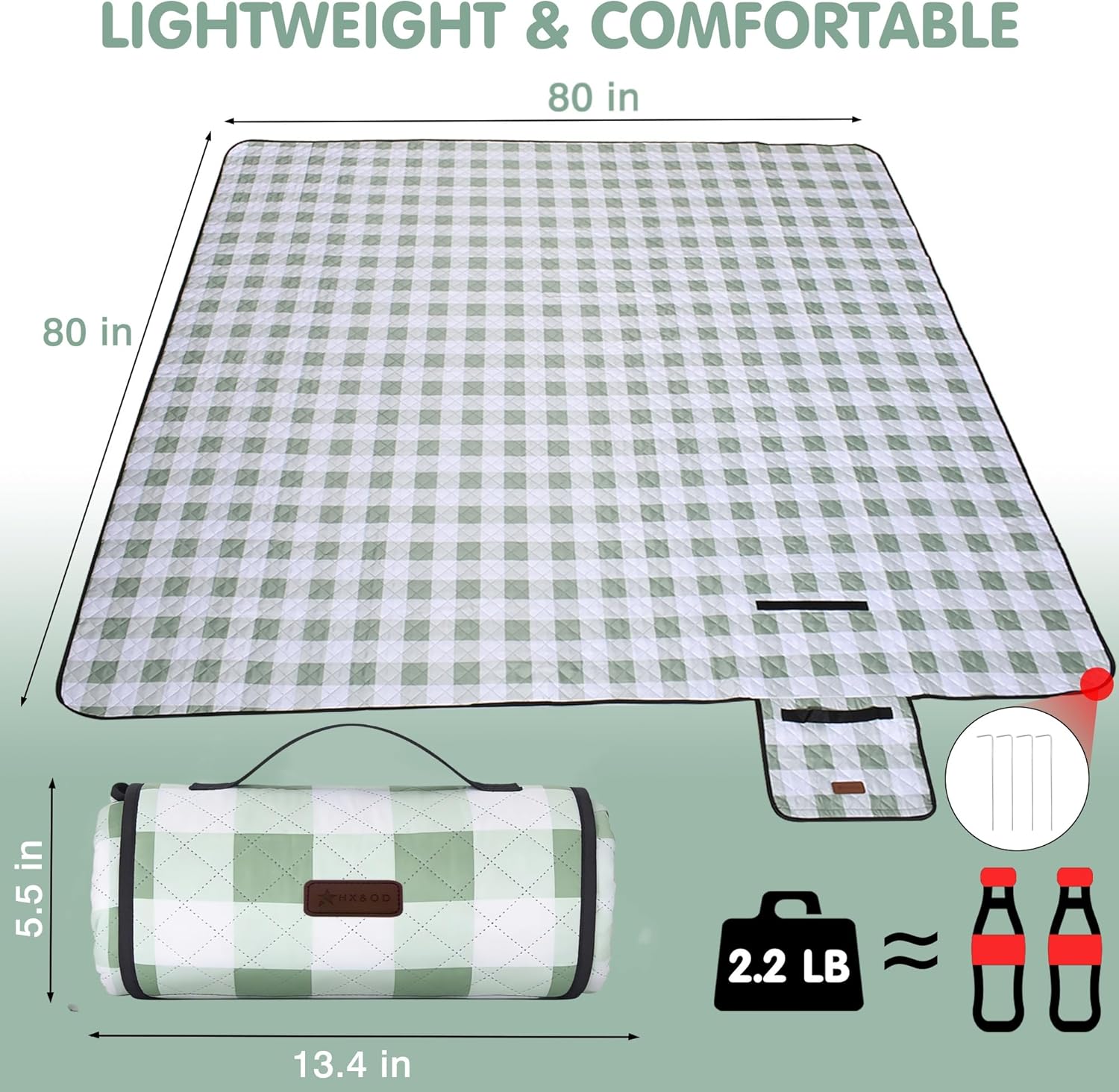 HX&OD Outdoor Picnic Blanket, Extra Large, 80''x80'' Waterproof Foldable Blankets Gingham Picnic Mat for Beach, Camping Grass Lawn Park Accessories Cute Couple Ideas Wedding (Green, 80”x80”)