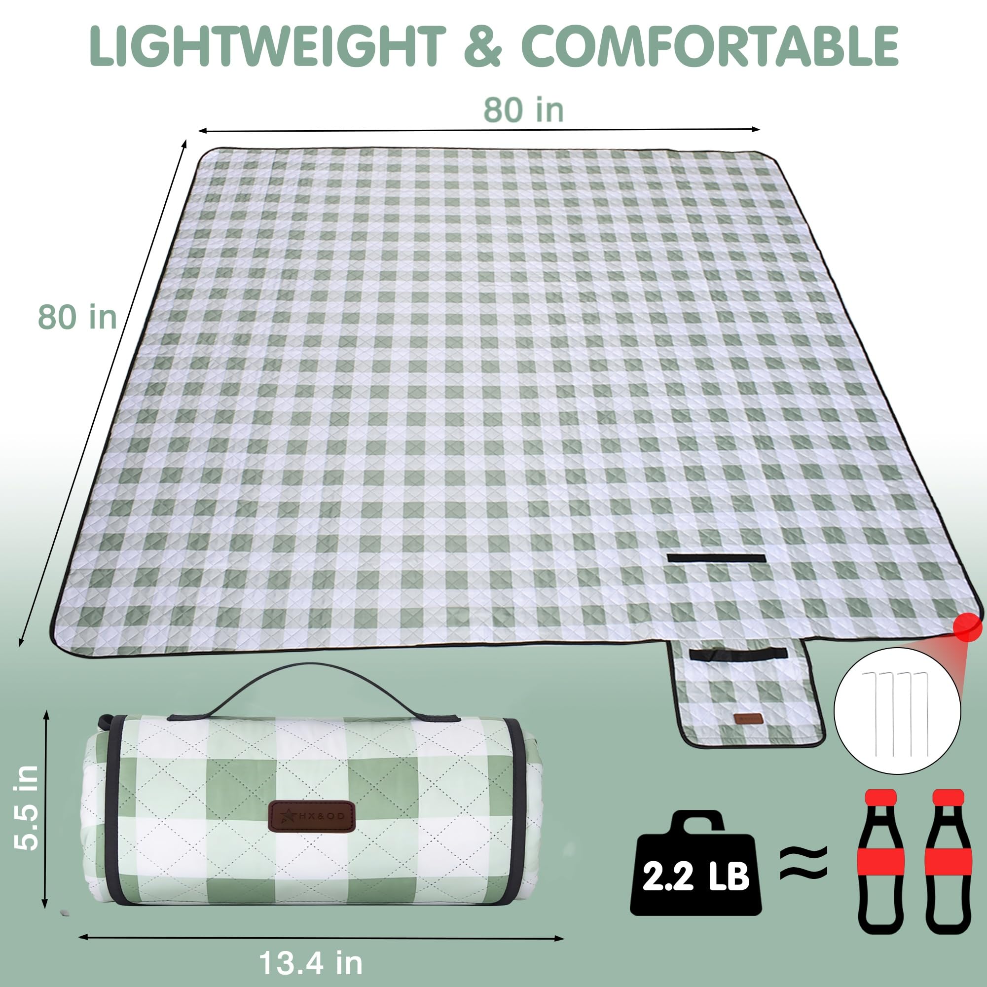 HX&OD Manta de picnic al aire libre, extra grande, 80 x 80 pulgadas, impermeable, plegable, manta de picnic a cuadros para playa, camping, césped, parque, accesorios, lindas ideas para parejas, bodas