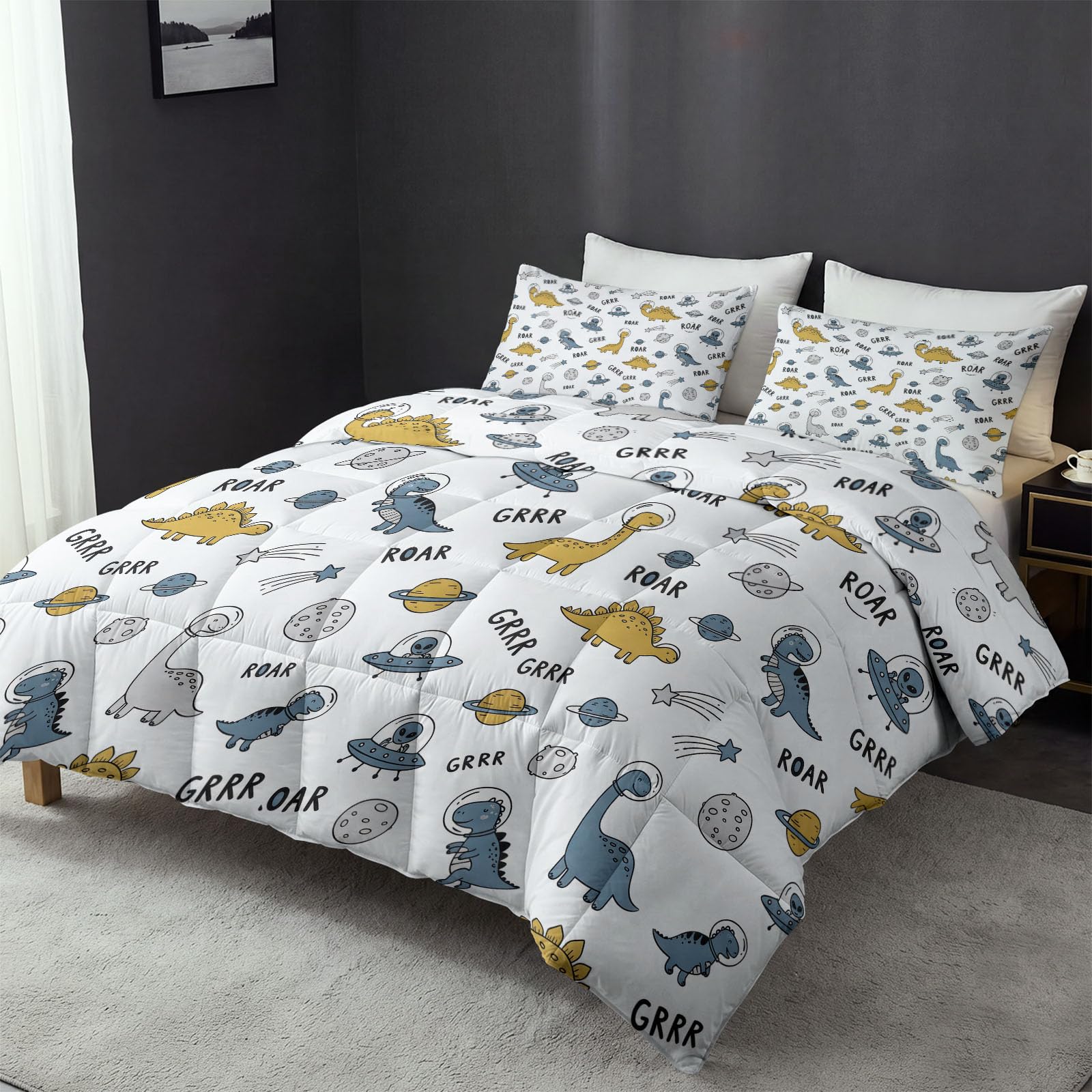 Poszewka na kołdrę 155 x 220 cm – kremowa dwustronna hipoalergiczna kołdra na wszystkie pory roku, minimalistyczny astronauta kosmos zwierzę dinozaur lekka pikowana, miękka ciepła kołdra puchowa z