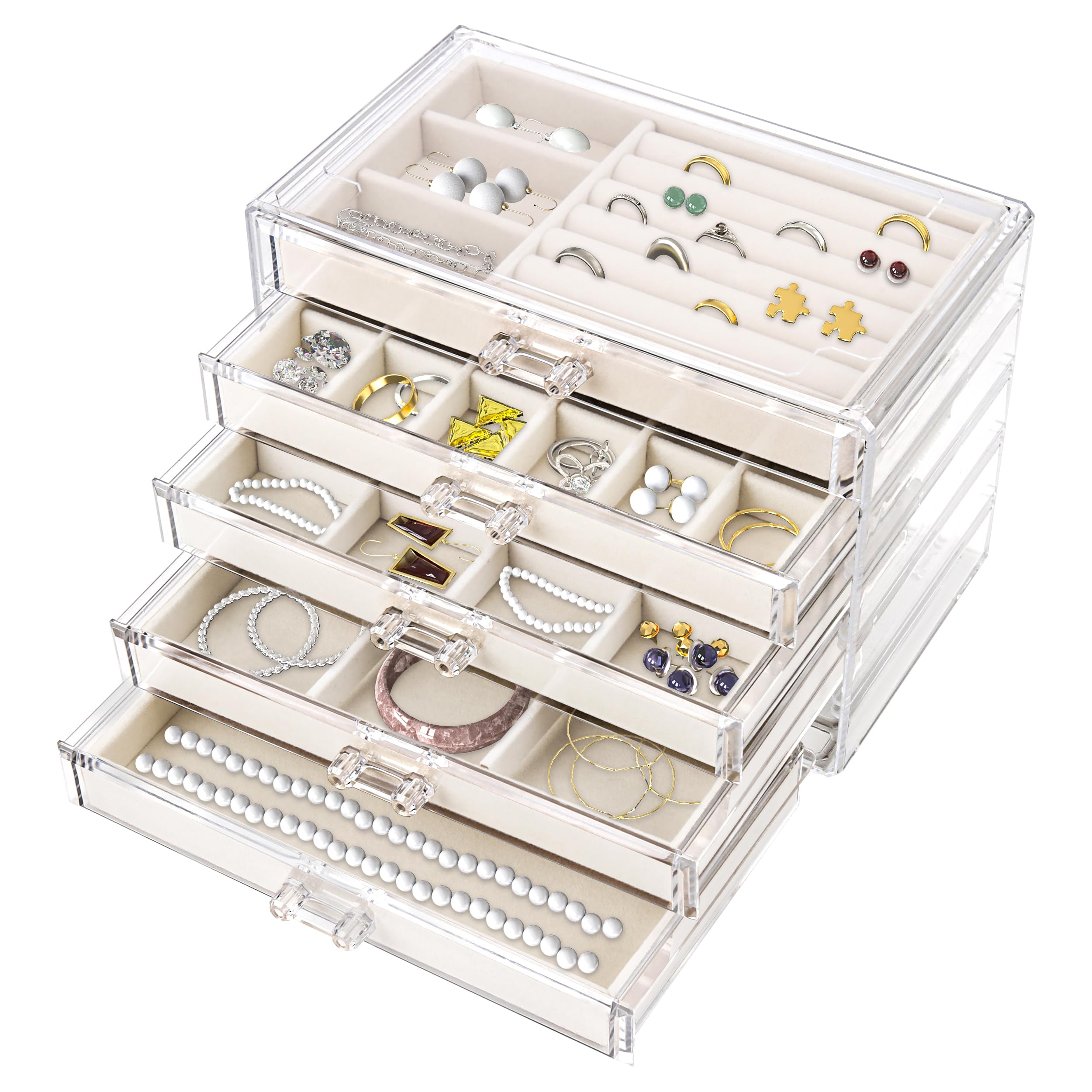 Hmdivor Acrylic Jewelry Organizer with 5 Drawers, Drawer with Velvet Trays, Earring Display for Storage and Gift for Women (Beige)