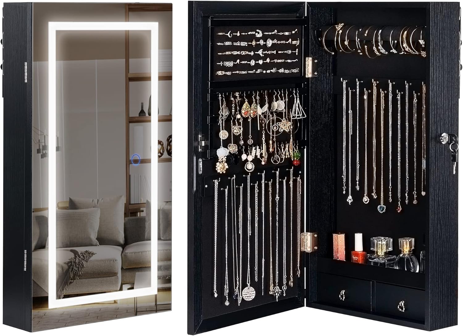 LAVIEVERT Jewelry Armoire with LED Lighted Mirror, Wall/Door Mounted Frameless Mirror with 3 Color Lights, Lockable Jewelry Cabinet Hanging Jewelry Organizer with 2 Drawers - Black
