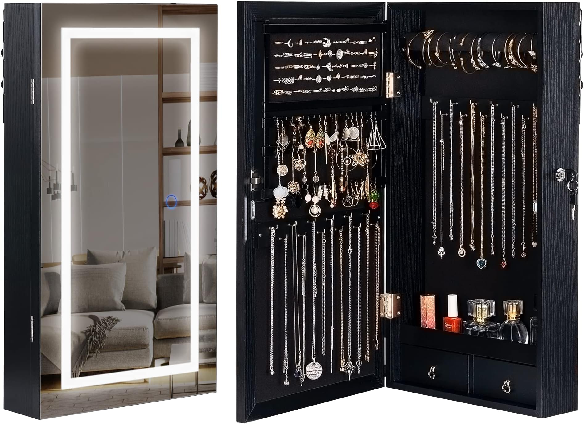 LAVIEVERT Jewelry Armoire with LED Lighted Mirror, Wall/Door Mounted Frameless Mirror with 3 Color Lights, Lockable Jewelry Cabinet Hanging Jewelry Organizer with 2 Drawers - Black