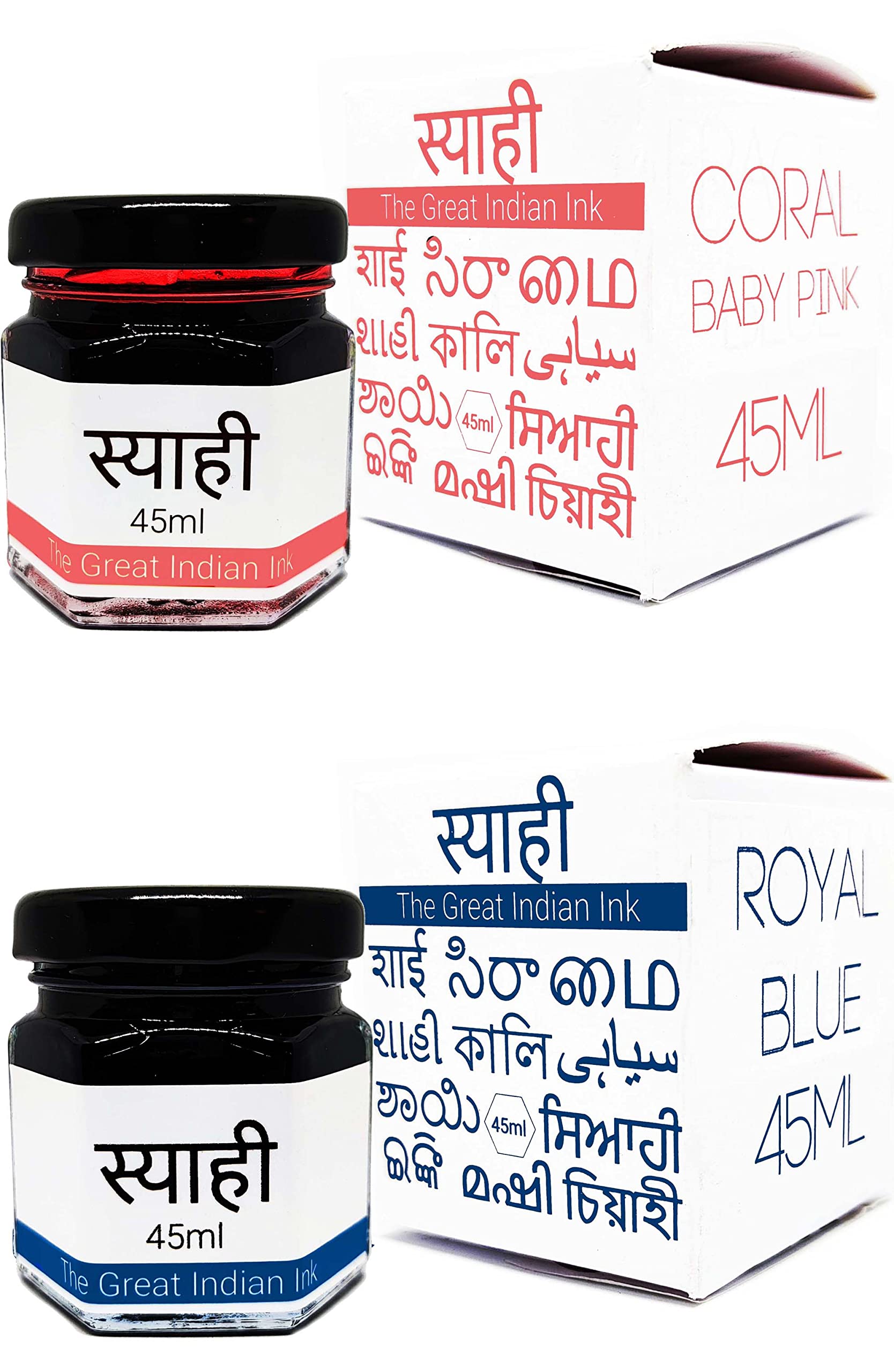Syahi - The Great Indian Ink - Fountain Pen, Calligraphy, Drawing, Doodle, V5, V7, Trimax (Royal-Blue-Coral-Baby-Pink)