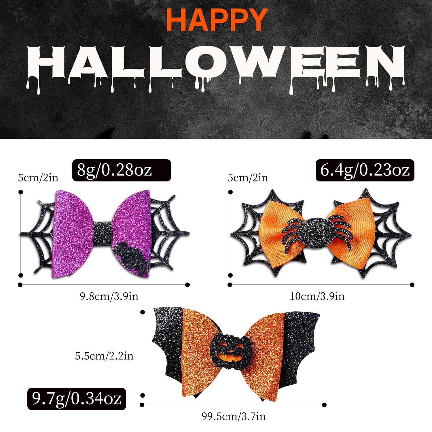 Miaija 6Pieces Halloween Hair Bow Clips Glitter Pumpkin Bat Spider Bow Hair Clip Multicolor Halloween Cosplay Party Girl Decoration for Women Kids Hair Accessories - Image 2
