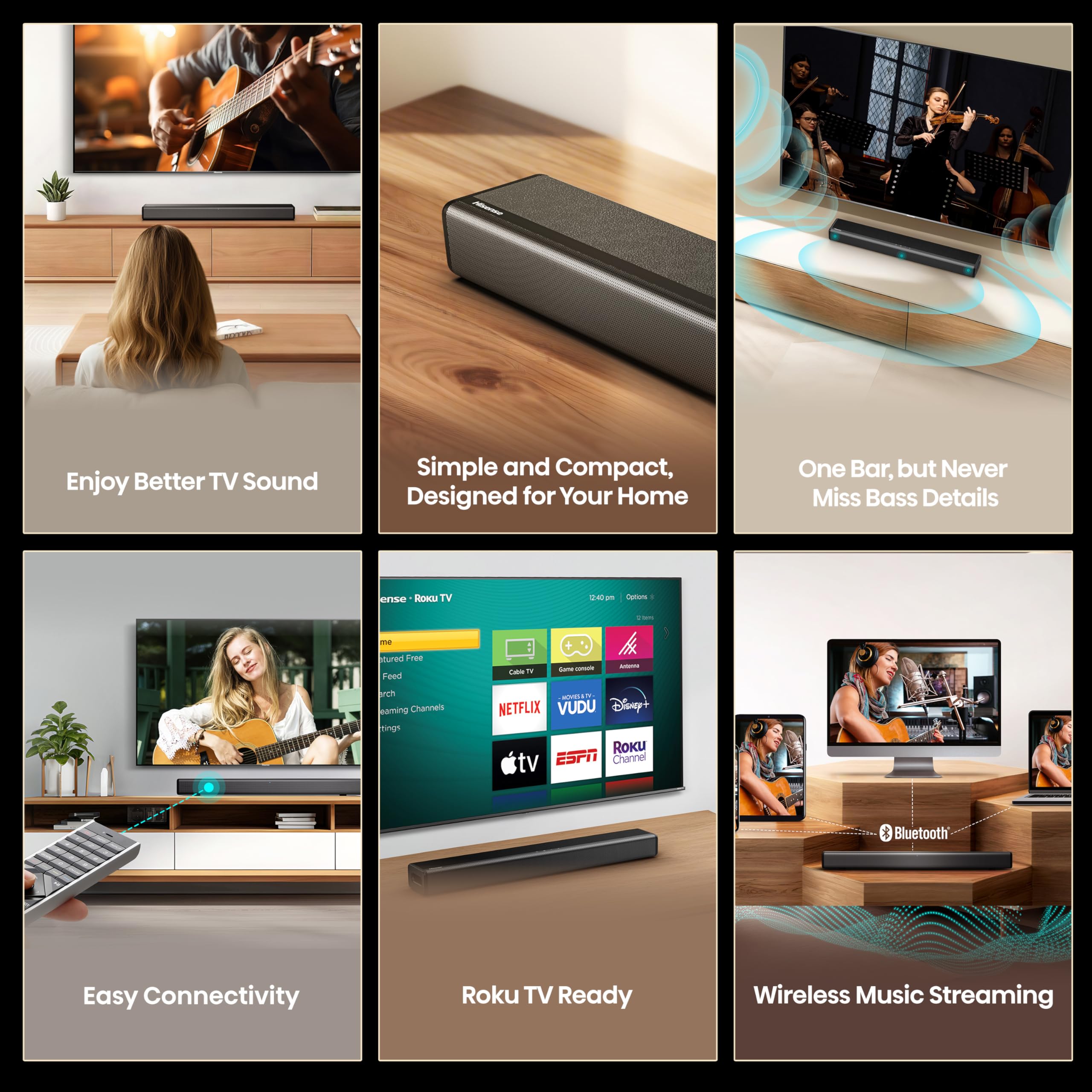 Hisense HS214 2.1 Soundbar Home Theater System/ 80W/ integrierter Subwoofer/ Bluetooth/HDMI ARC/ Optisch/AUX/Koaxial/ Schwarz, black, 80 Watt