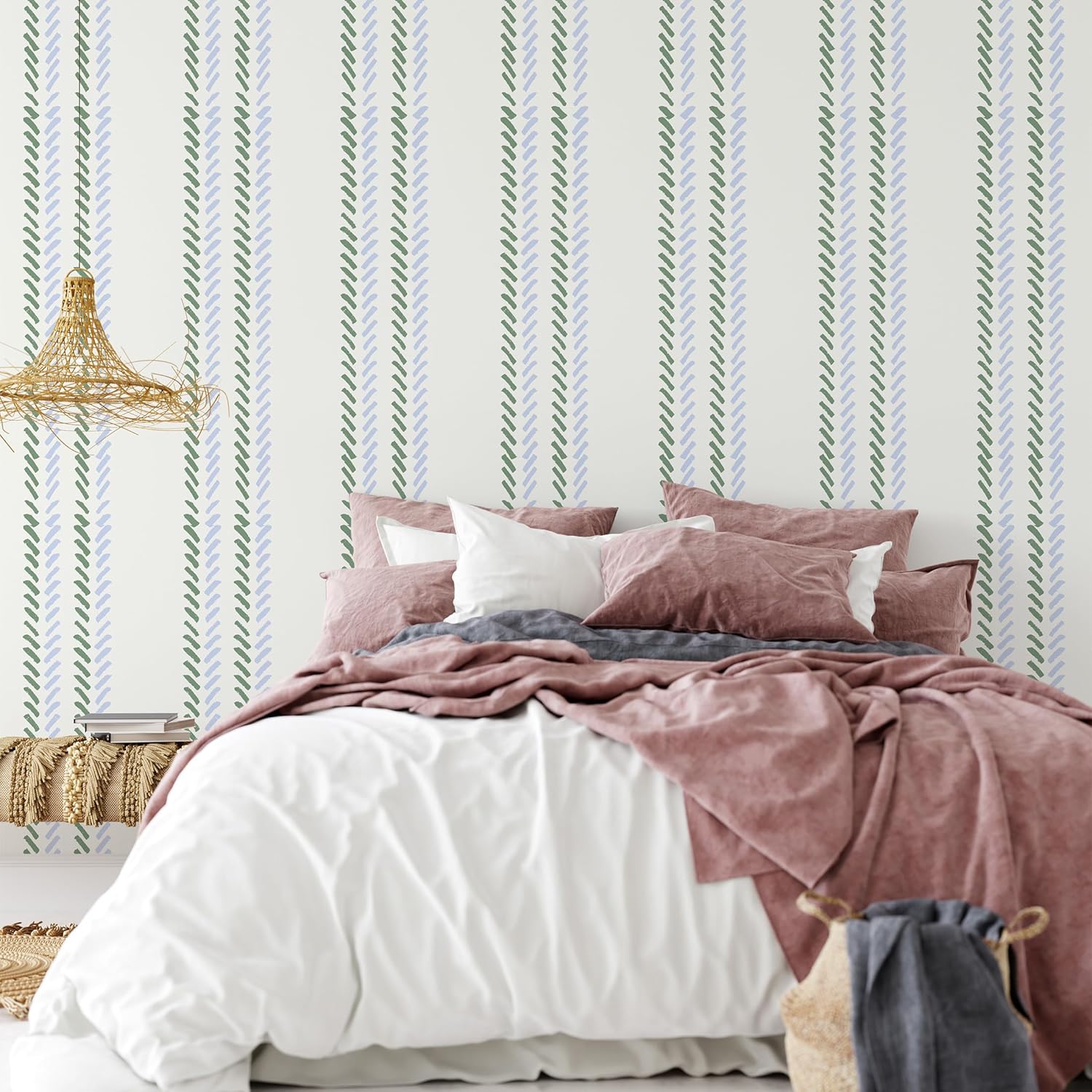 Green Blue Lines Peel and Stick Wallpaper Herringbone Self Adhesive Wall Paper Modern Geometric Stripe Removable Contact Paper for Bathroom Living Room Wall Decor 17.7"x118"