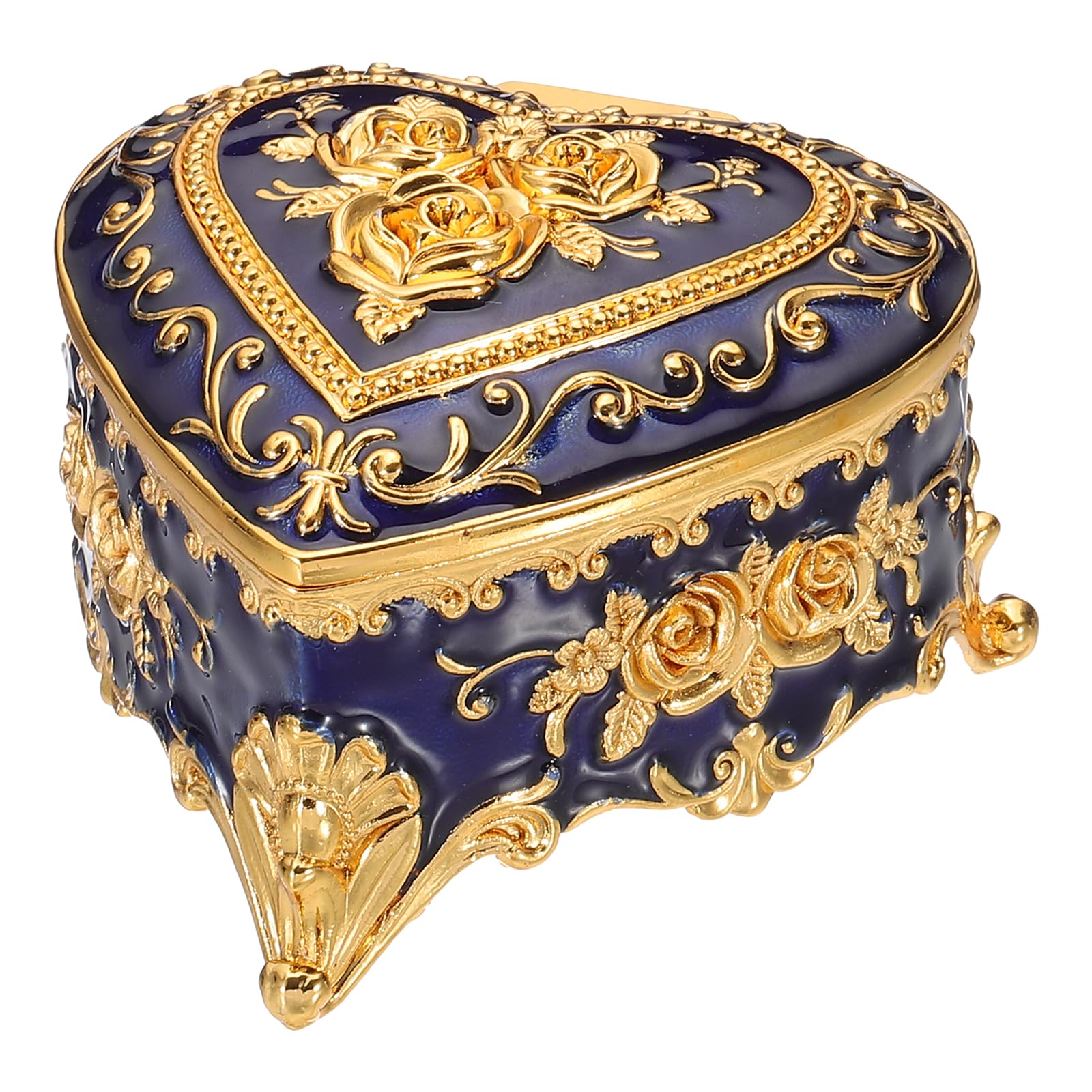 Boîte à bijoux vintage cœur en métal bleu : rangement bague et boucles