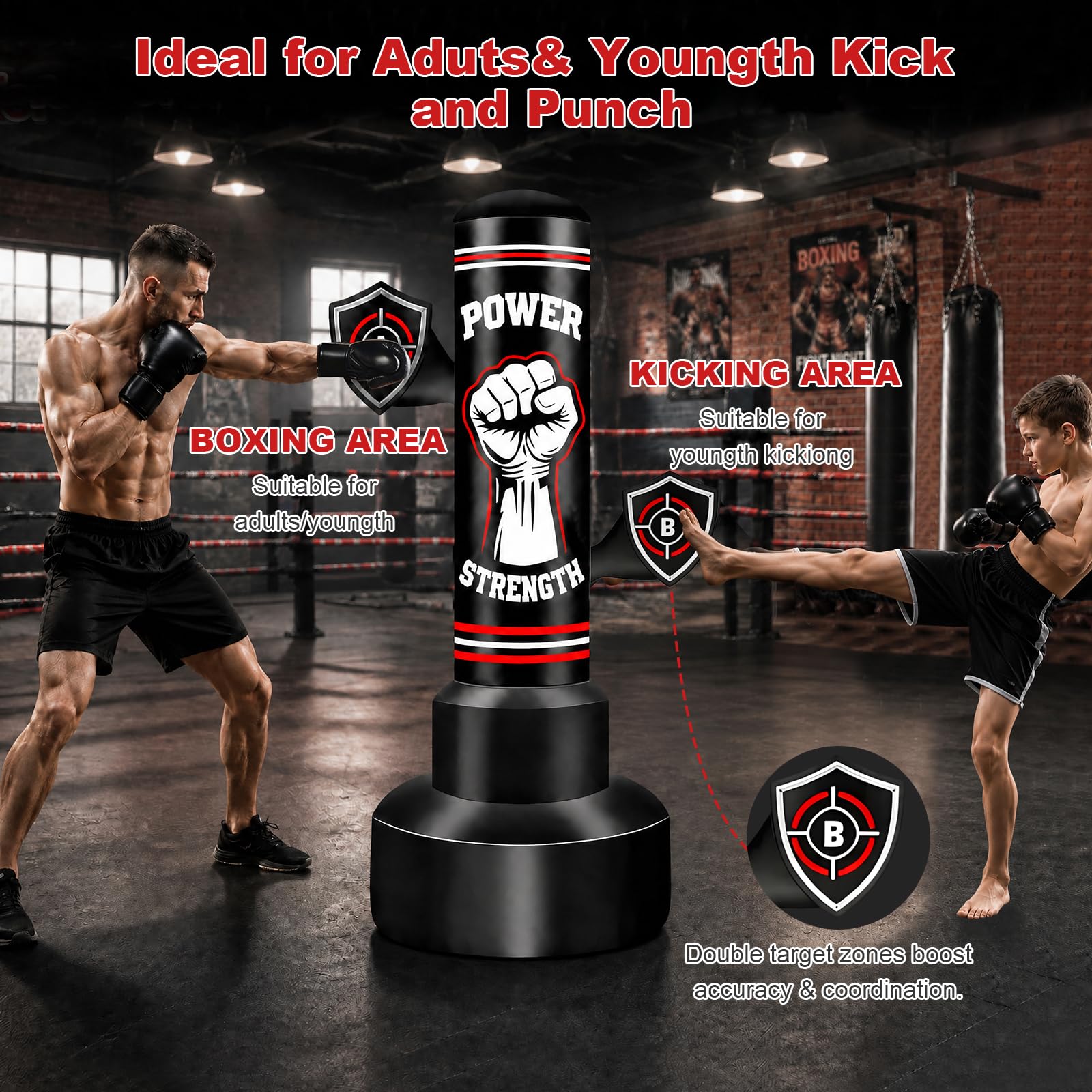 Sac de Frappe sur Pied Adulte 180cm, Qoosea Punching Ball Gonflable avec Gants de Boxe et Pompe à Air, Sac de Boxe Autoportant pour Entraînement de Kickboxing, MMA Karaté