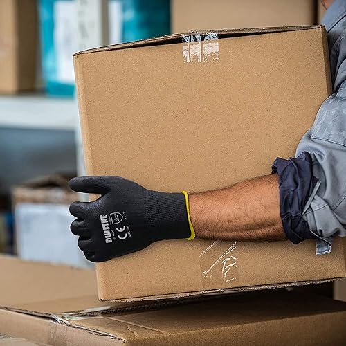 Vista 24 de Guantes de trabajo de seguridad con revestimiento de poliuretano, 12 pares, guantes de punto sin costuras azul con revestimiento de poliuretano