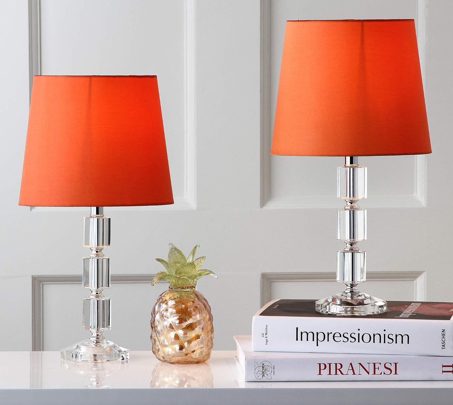 SAFAVIEH Lighting Collection Erin Modern Glam Crystal Cube/ Orange Shade 15-inch Bedroom Living Room Home Office Desk Nightstand Table Lamp Set of 2 (LED Bulbs Included)