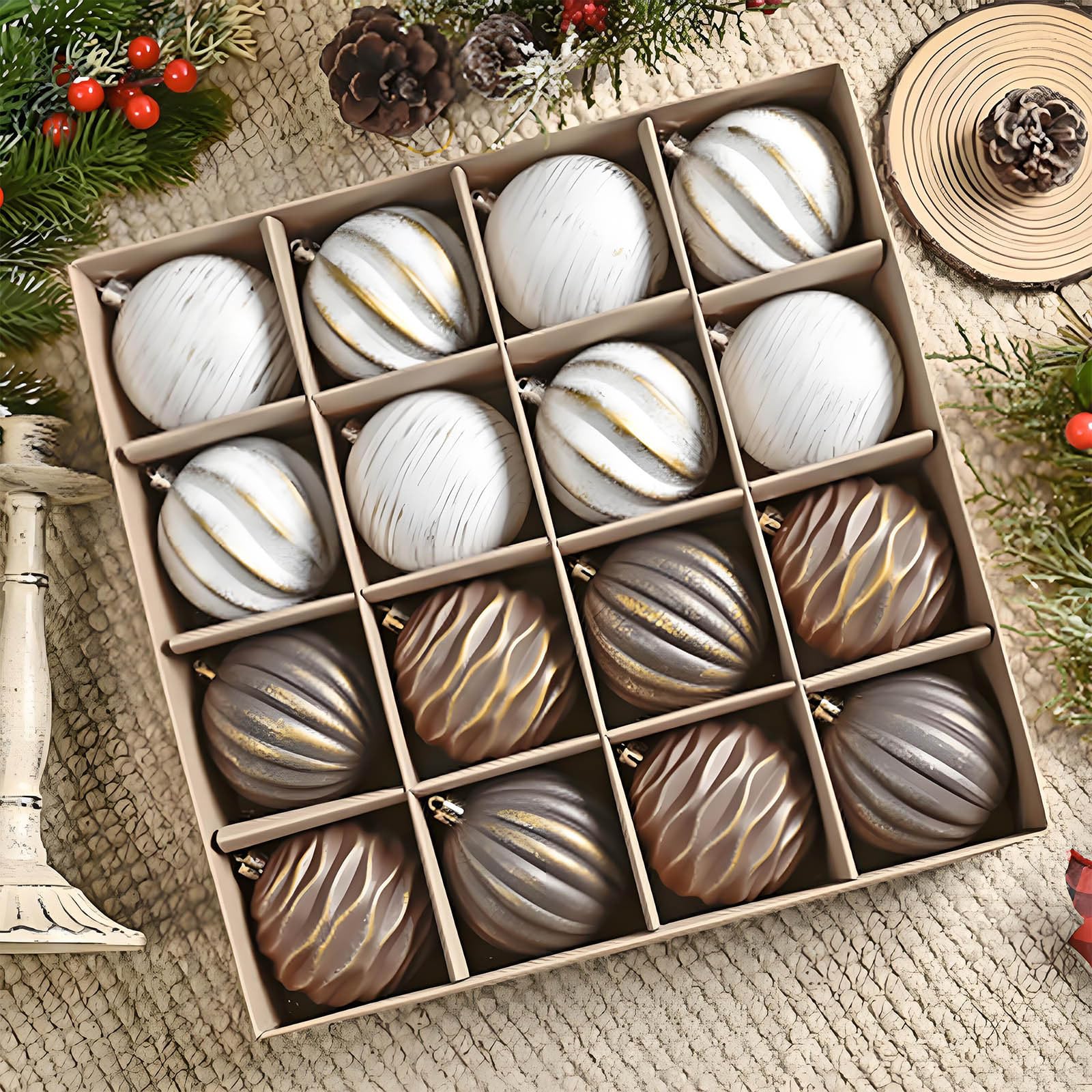 8cm Vintage Textured Christmas Baubles Set, 16pcs Brown White Gold Patterned Xmas Ornaments, Christmas Tree Decorations for Home Festival Decor UK
