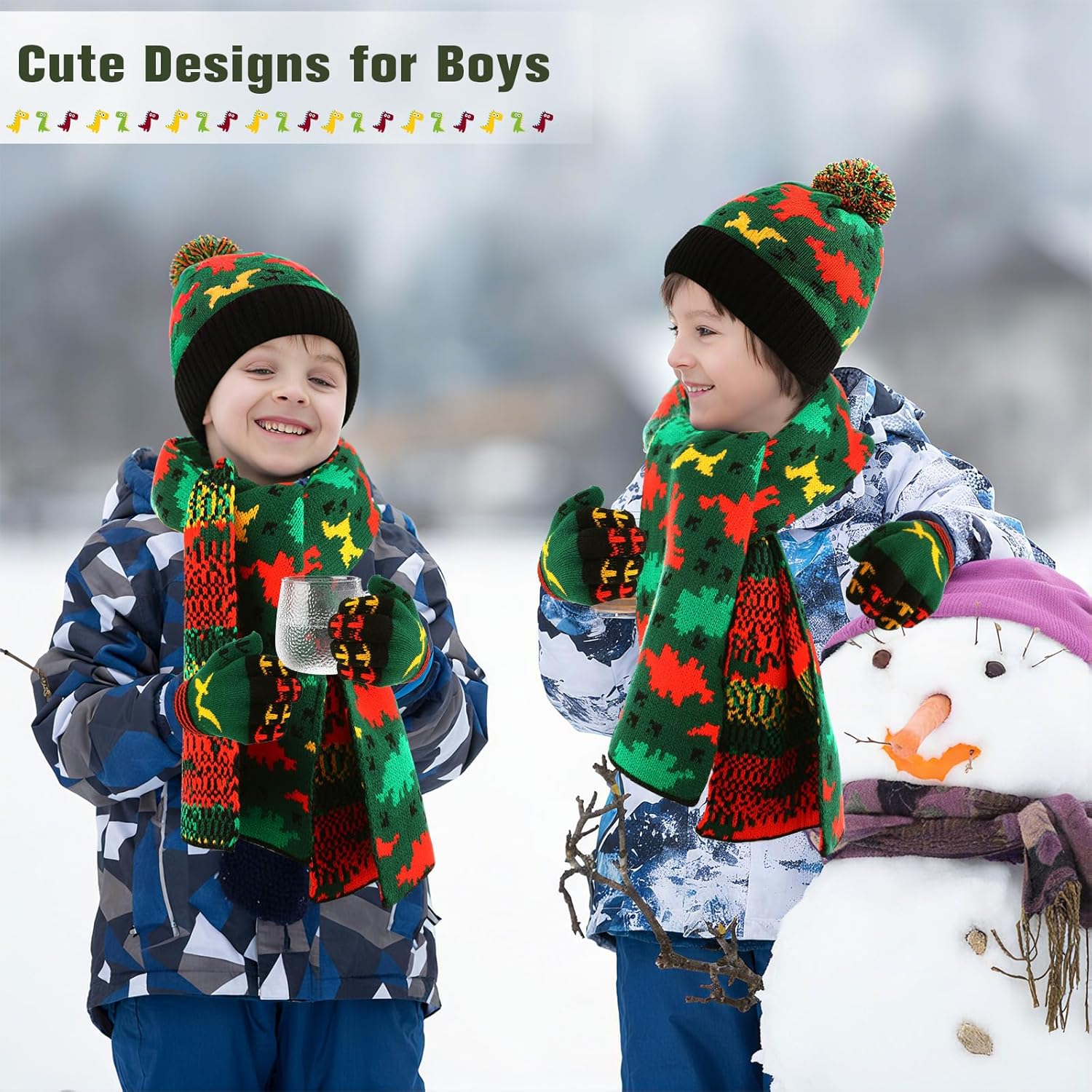 Kids Winter Hat Gloves Scarf Set Dinosaur Children Hat Beanie with Pom Winter Knit Neck Mittens for Boys Toddlers - Image 6