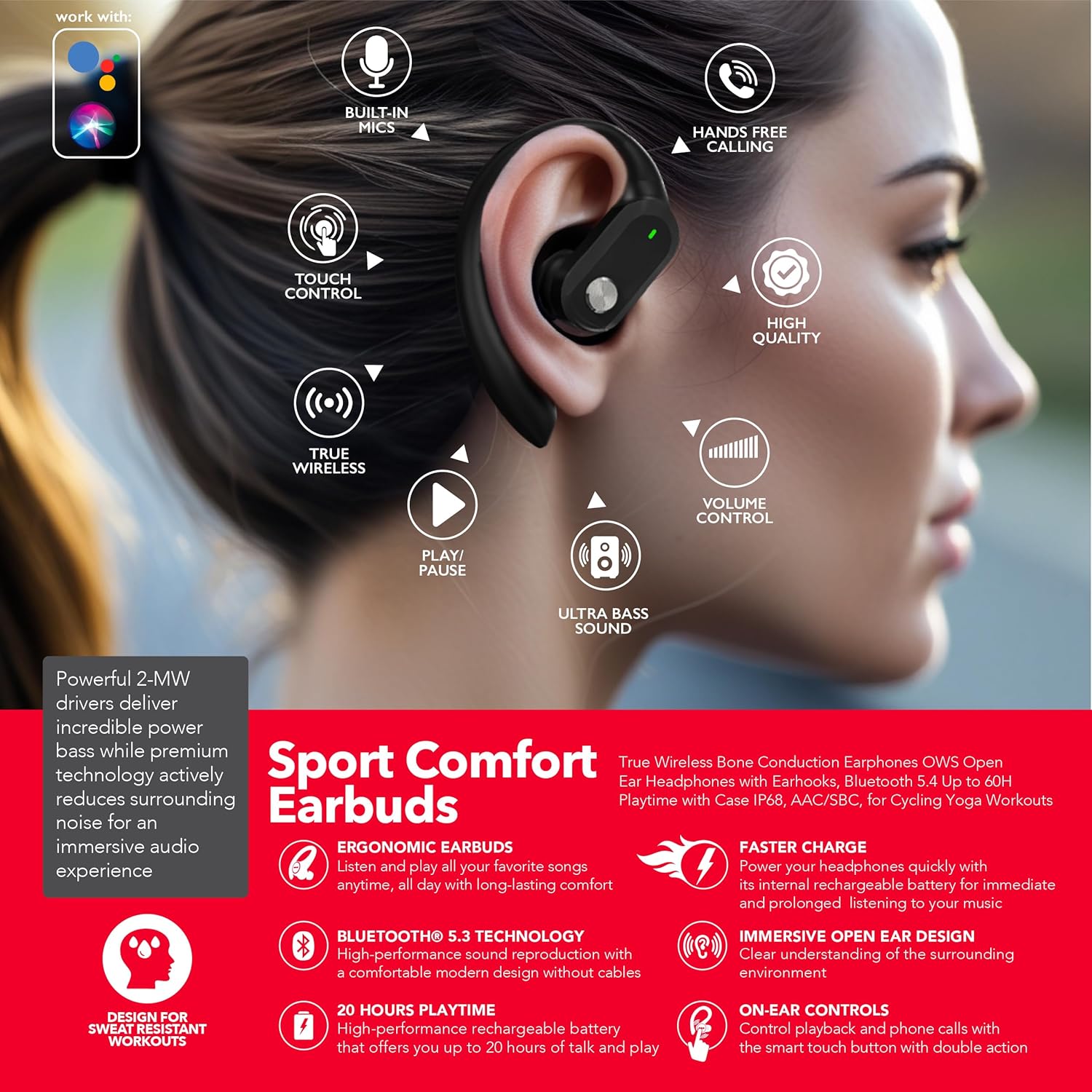 Close-up of an RCA earbud worn on an ear, with callouts pointing to the touch control area, built-in microphone, and earhook design.