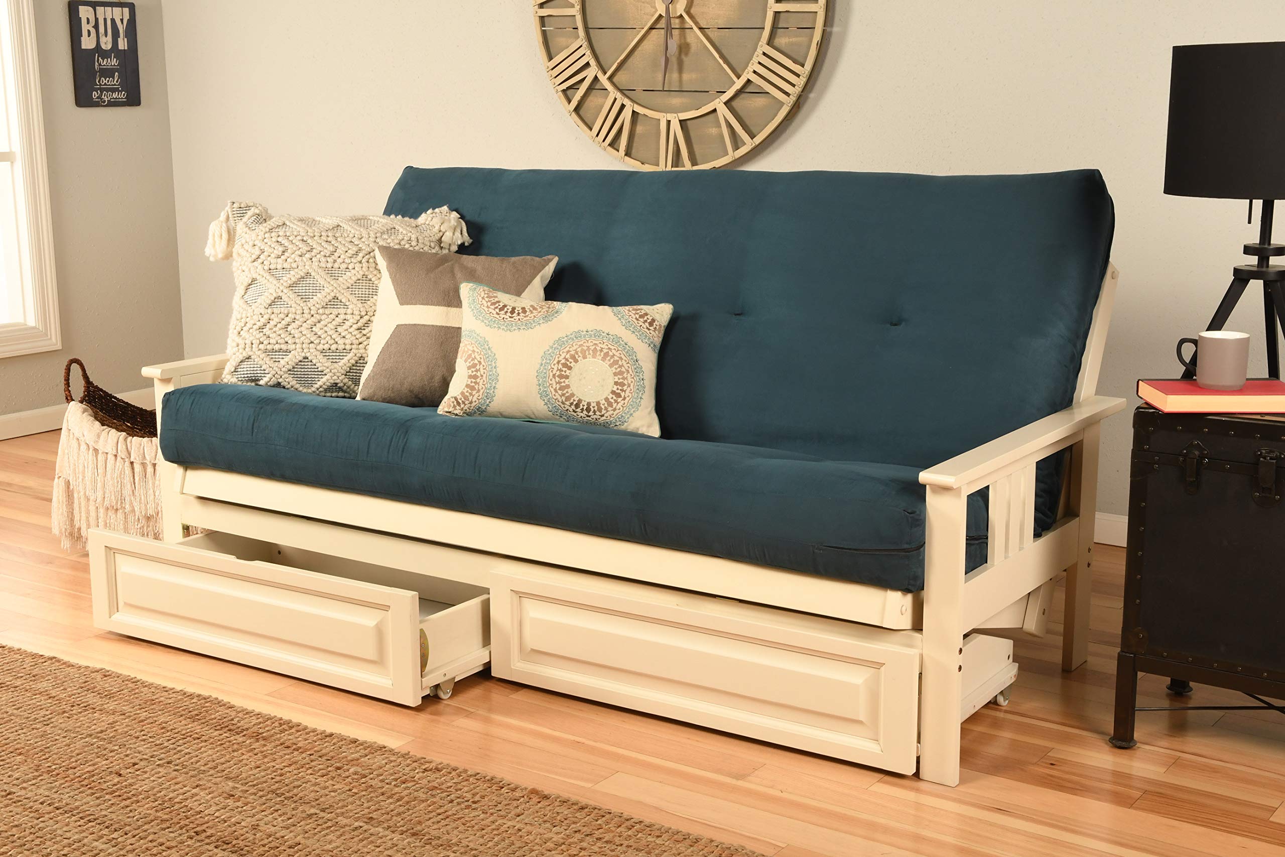 Kodiak Furniture Monterey Futon Set with Storage Drawers, with Antique White Base and Suede Navy Mattress