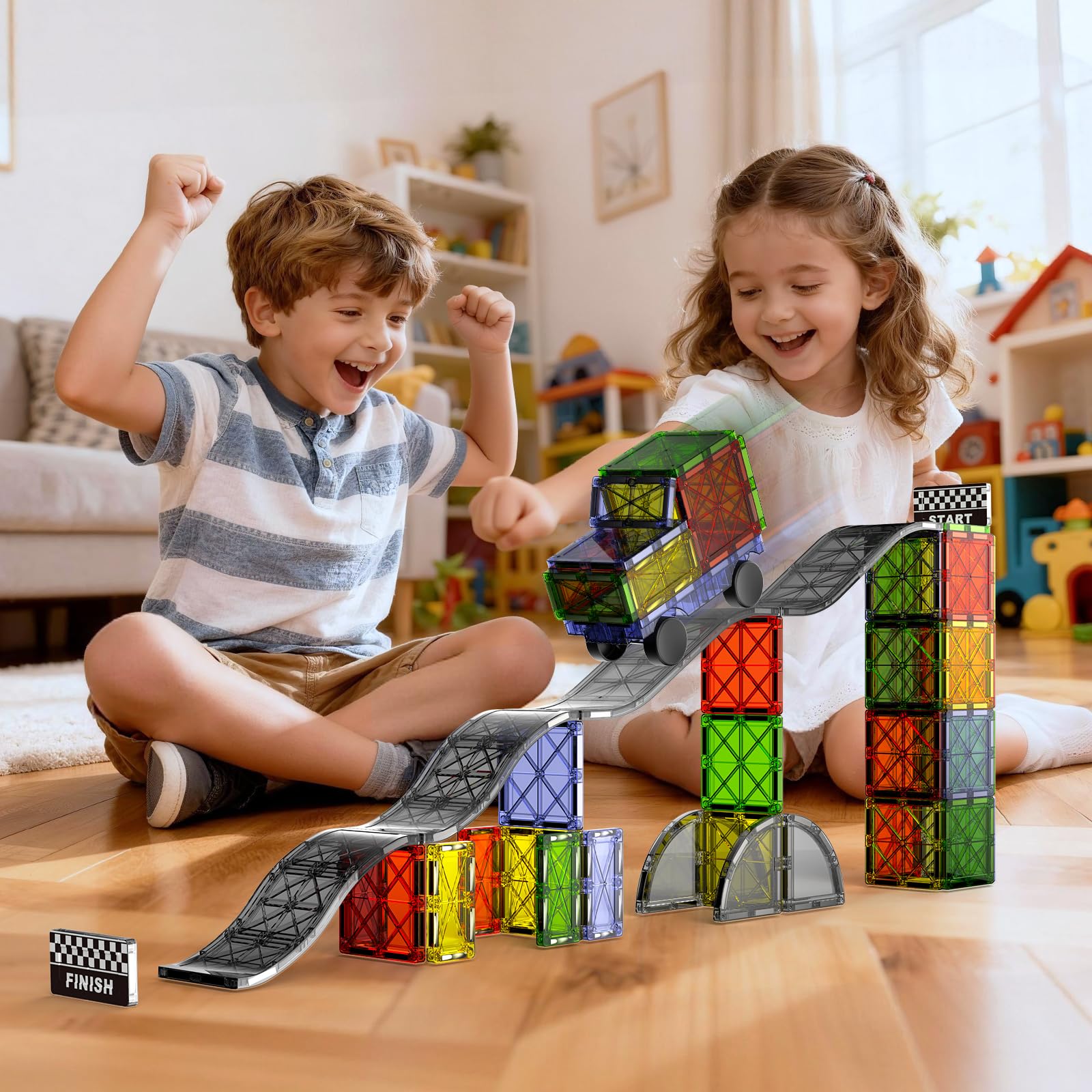 Construction Magnetique Routes Enfant, 40 Pièces Ville Tuiles Magnétiques avec Magnet Voiture, Jeux Blocs de Construction Aimant Jouets Educatif Cadeau pour Fille Garçon 3 4 5 6 7 8 Ans