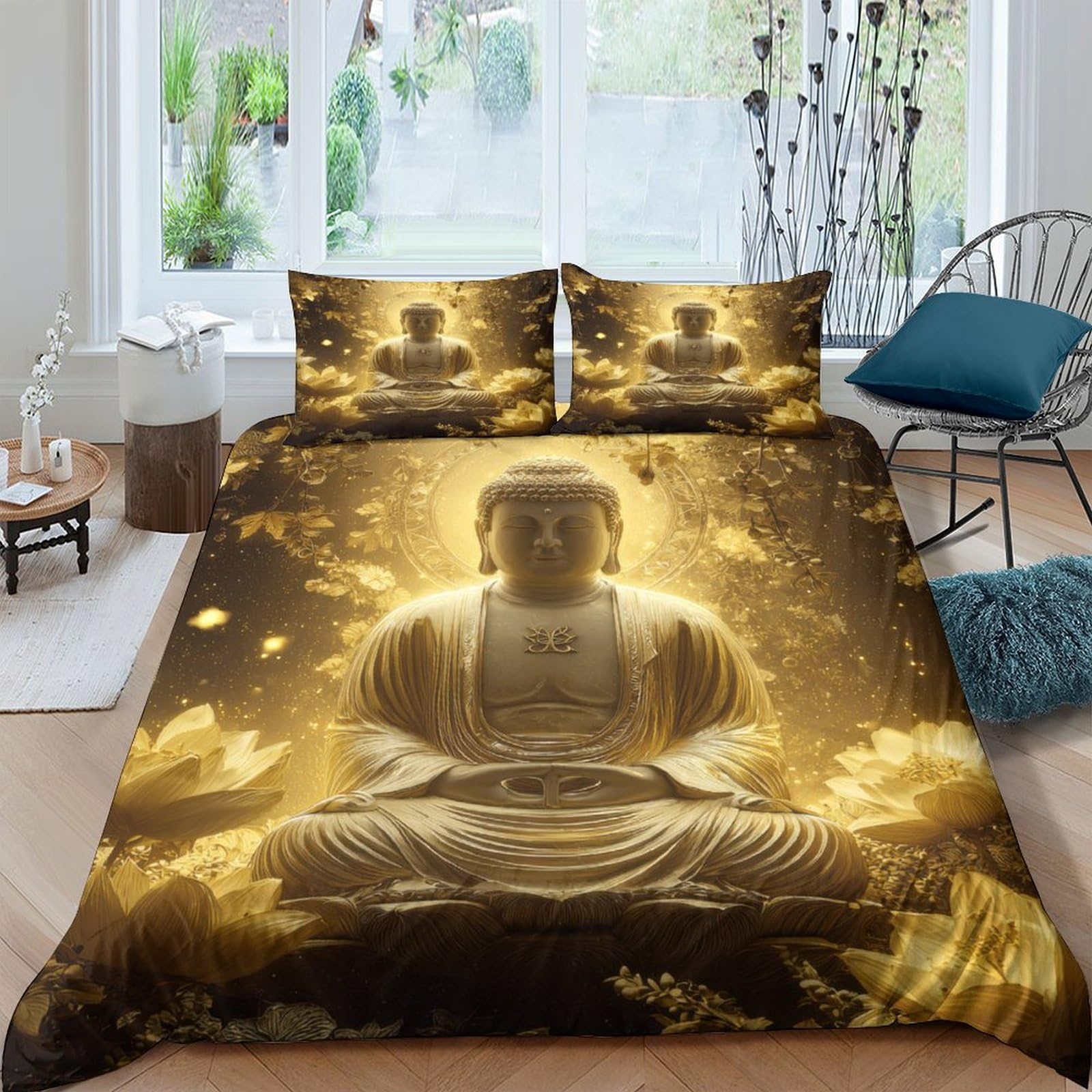 Ctjqhvkz Style-6 3D Printed Golden Buddha Fitted Sheet Microfiber Anti-Slip Bed Cover Meditation Zen Decor For Bedroom Guest Room Single（135X200cm）