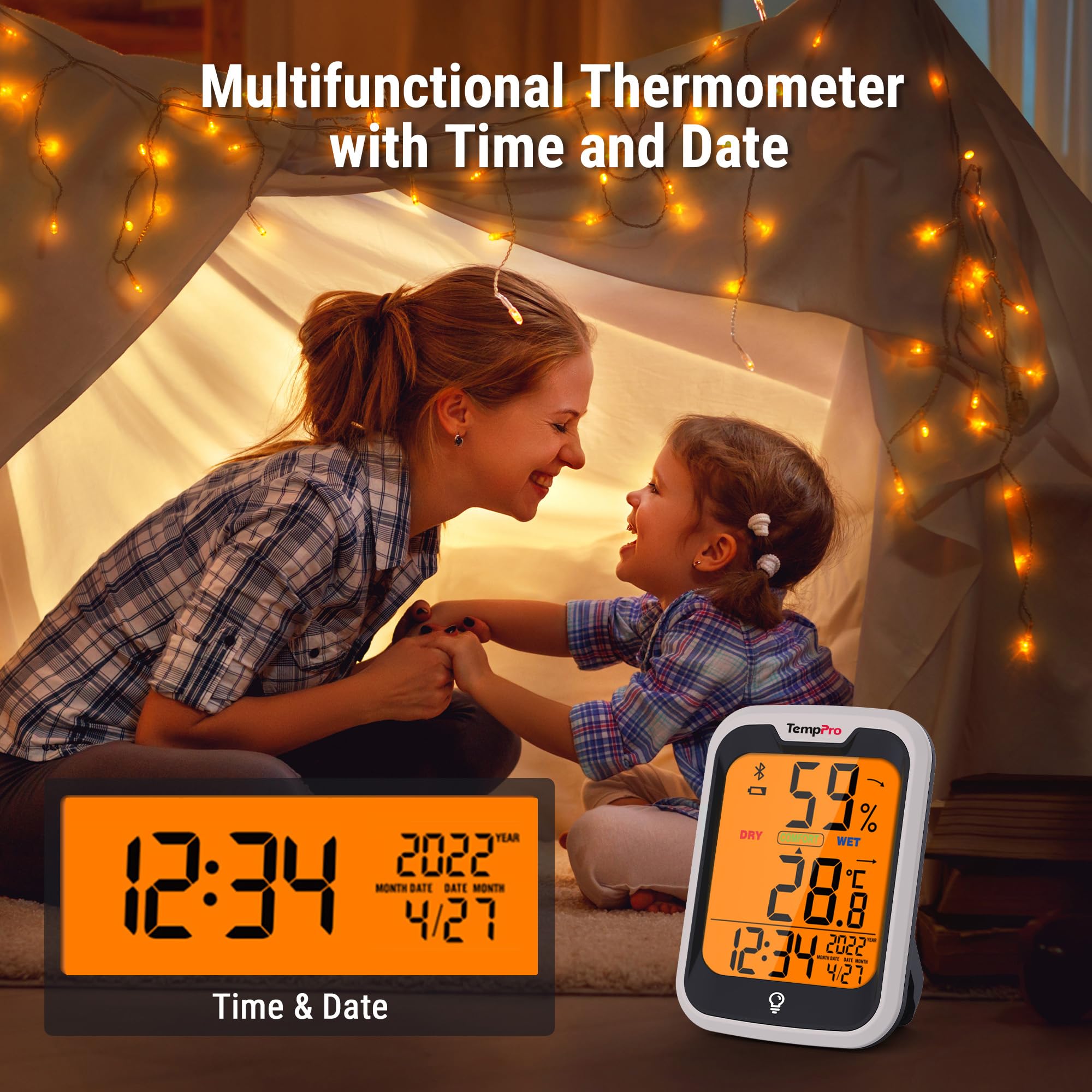 ThermoPro TempPro Termometr pokojowy z higrometrem i zegarem, pomiar temperatury wewnątrz, Bluetooth, dokładność do 0,2℃, lampka nocna, zapis pomiarów wilgotności, do sypialni, biura, szklarni