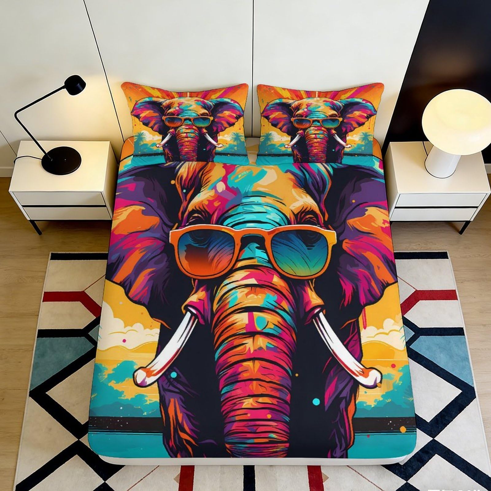 3D Printed Colorful Elephant Fitted Sheet Microfiber Deep Pocket Bedroom Bedding Artistic Elephant Mattress Fitted Cover for Adults Teens 200x200x25cm 90x200x25cm
