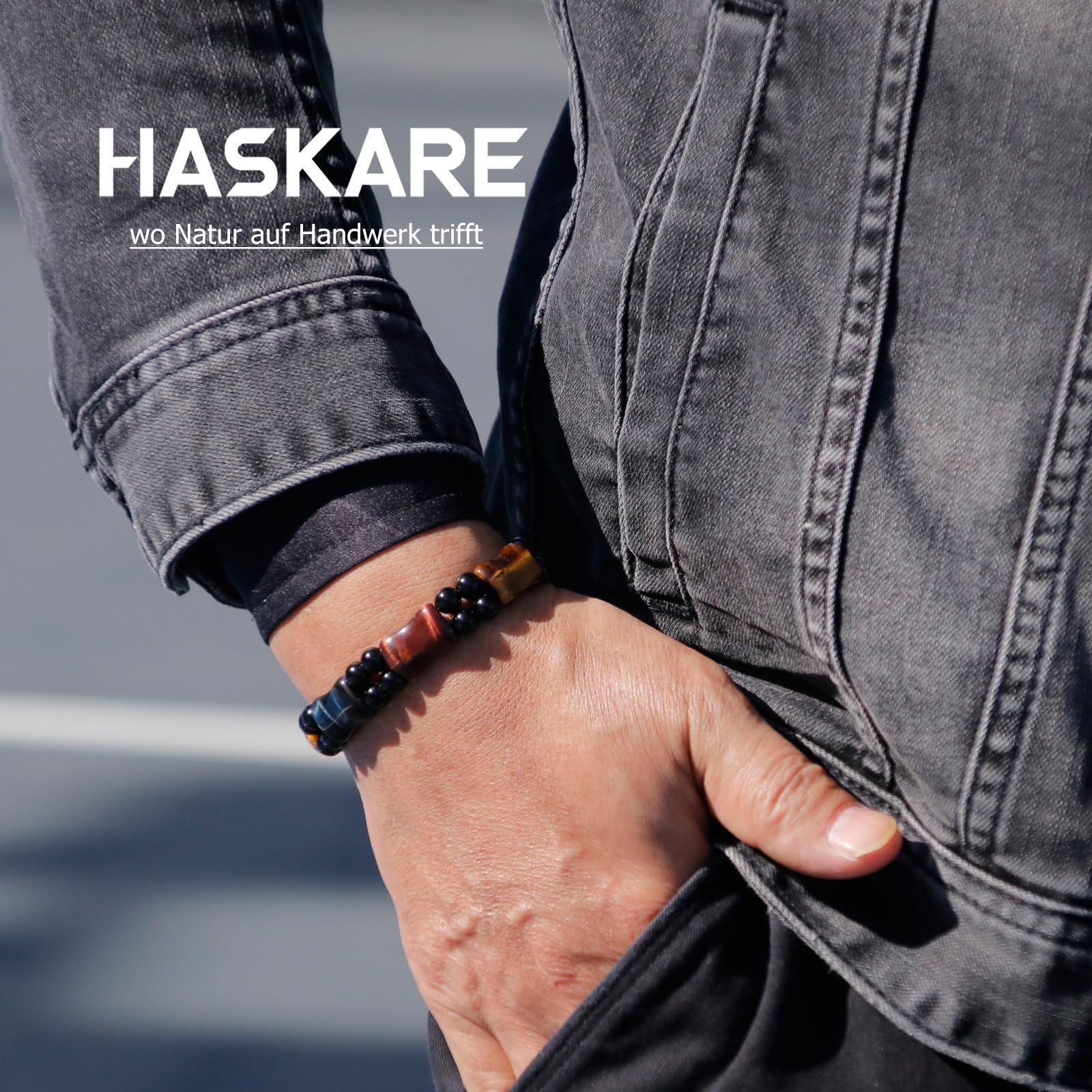 HASKARE Armband Perlen Tigerauge Armband Herren, Echte Stein Einzigartig Kristallstein Armband Tigerauge Armbänder für Männer, Mehrfarbig Tigerauge Modeschmuck Herren Schutz Armband Geschenk für Ihn