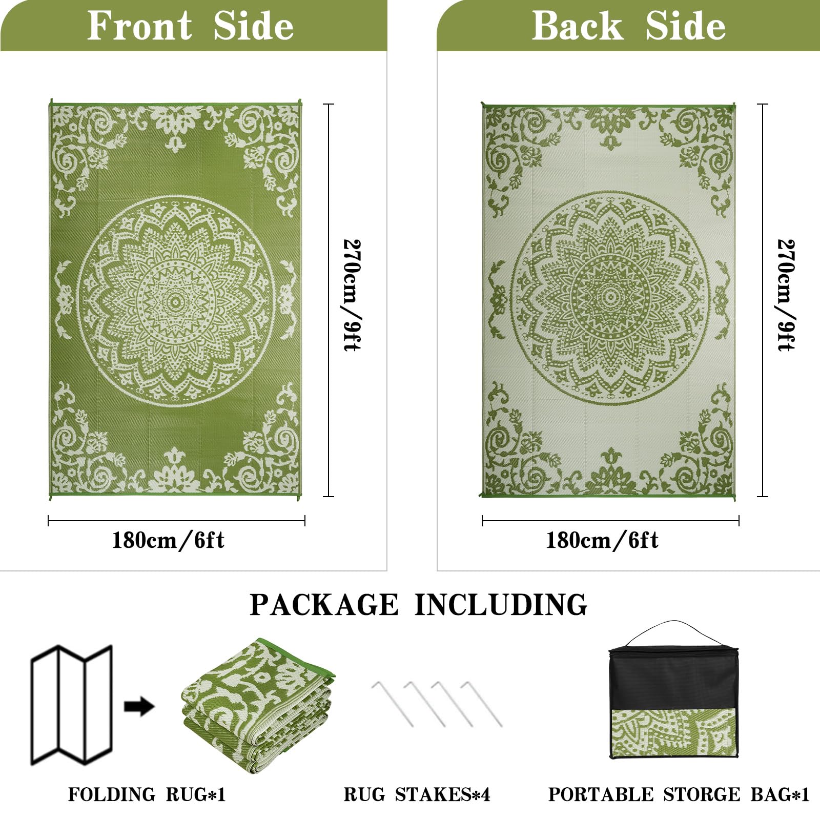 Homcomodar Tappeto per esterni, resistente alle intemperie, 180 x 270 cm, lavabile, in plastica, resistente ai raggi UV, per giardino, patio, balcone, terrazza, barbecue, piscina, cortile (erba)