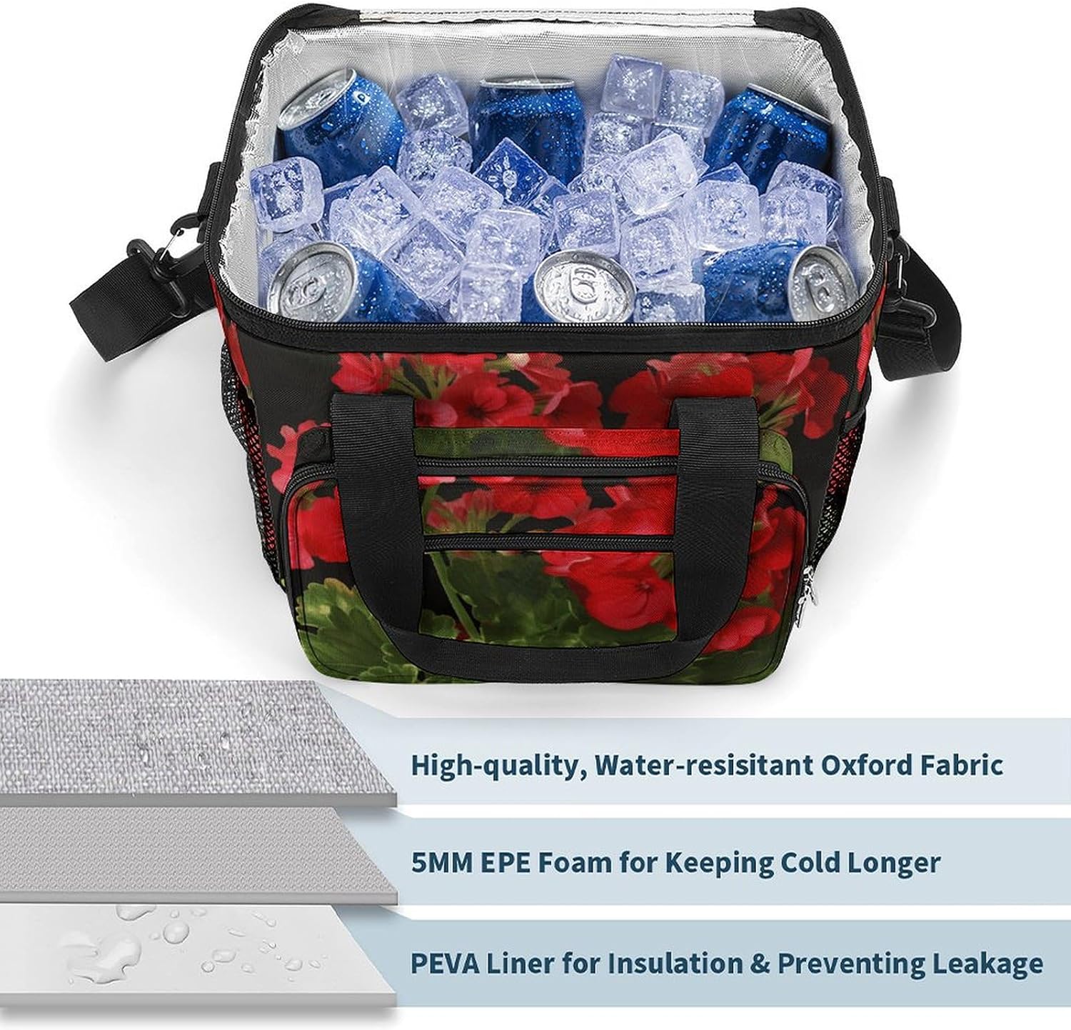 Large-Capacity Oxford Cloth Red Geraniums Printed Camping Ice Bag, Outdoor Portable Insulation and Cold Storage Bag, Enjoy A Cool Camping Time