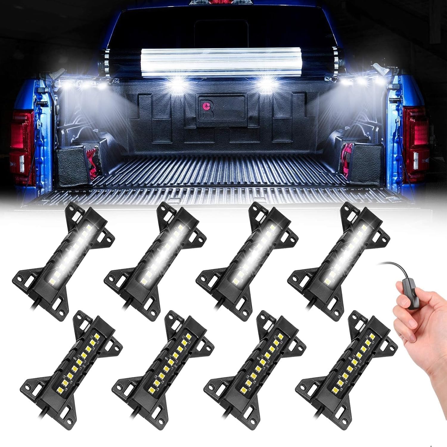 Product image of Truck Bed Lights Pickup Bed LED Light Bar Kits w/Switch Rear Cargo Lights Truck Lighting Kit Truck Accessories for Ram 1500 2500 Tacoma F150 F250 F350 Chevy Vans RV, White, 8 Pods