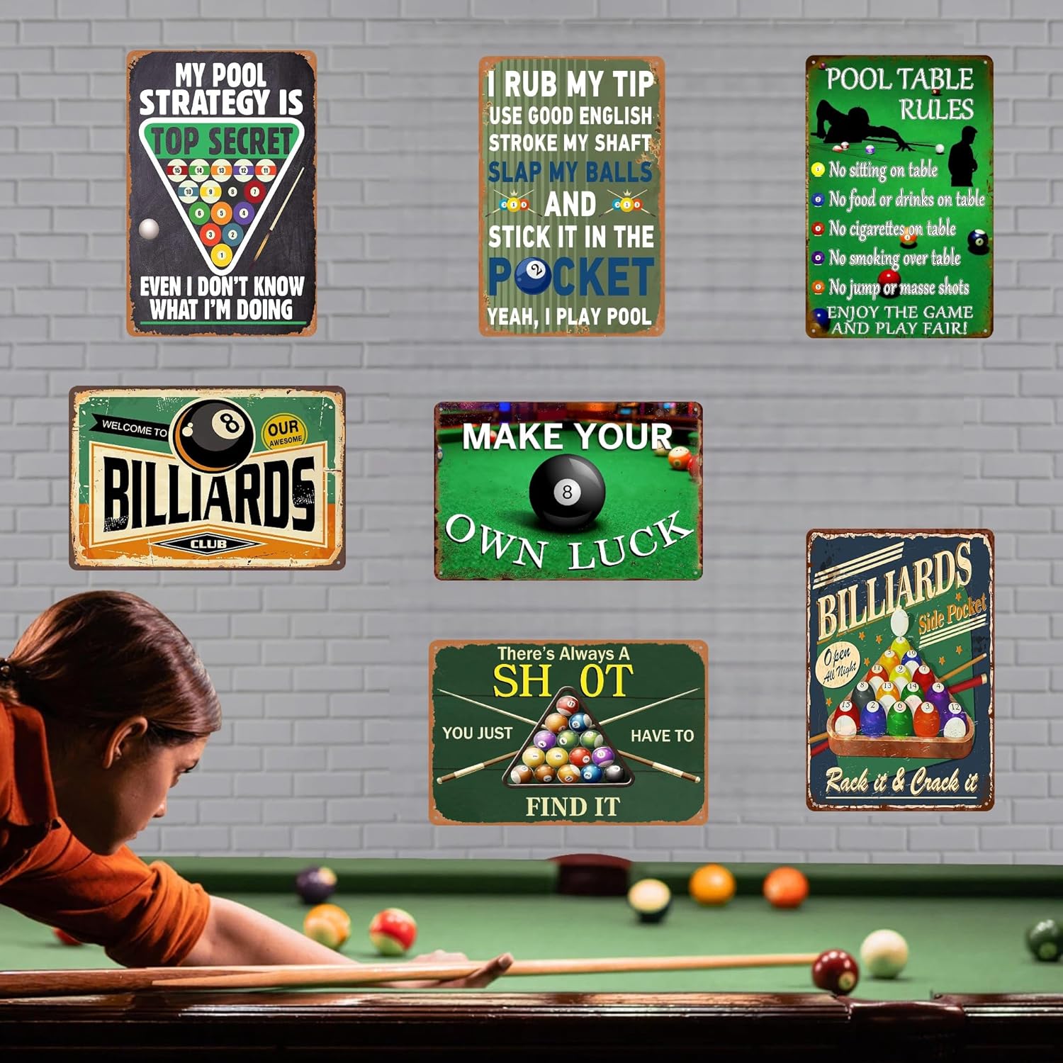 Funny Billiards Metal Tin Sign - Vintage Pool Table Accessories, Billiard Room Wall Art for Game Room & Man Cave Decor, Sports Bar Signs, Unique Gifts for Men 8 x 12 Inch（7pcs）