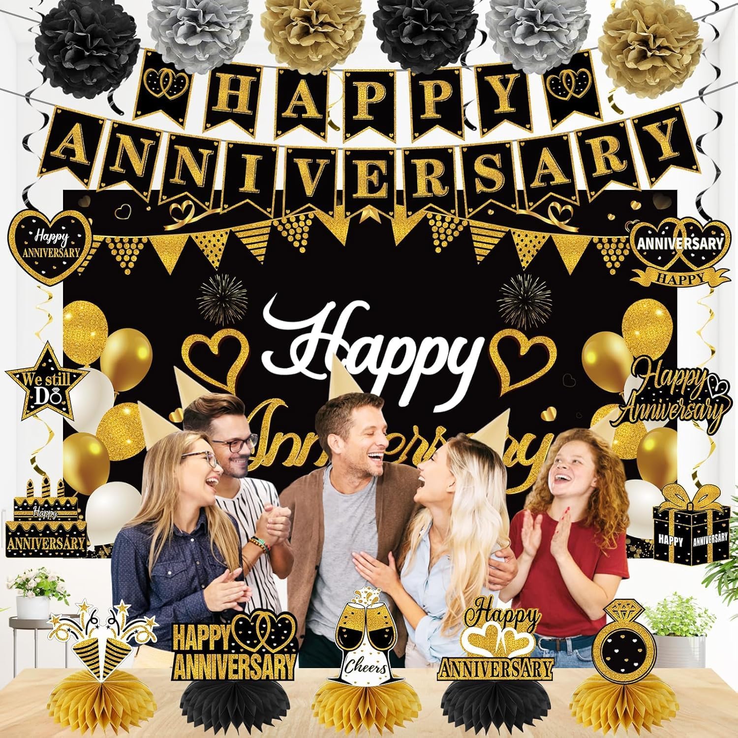 Happy Anniversary Decorations Kit, Black Gold Wedding Anniversary Party Supplies - Large Happy Anniversary Banner, Backdrop, Latex Confetti Balloons，Table Centerpieces, Hanging Swirl, Paper Pompoms D