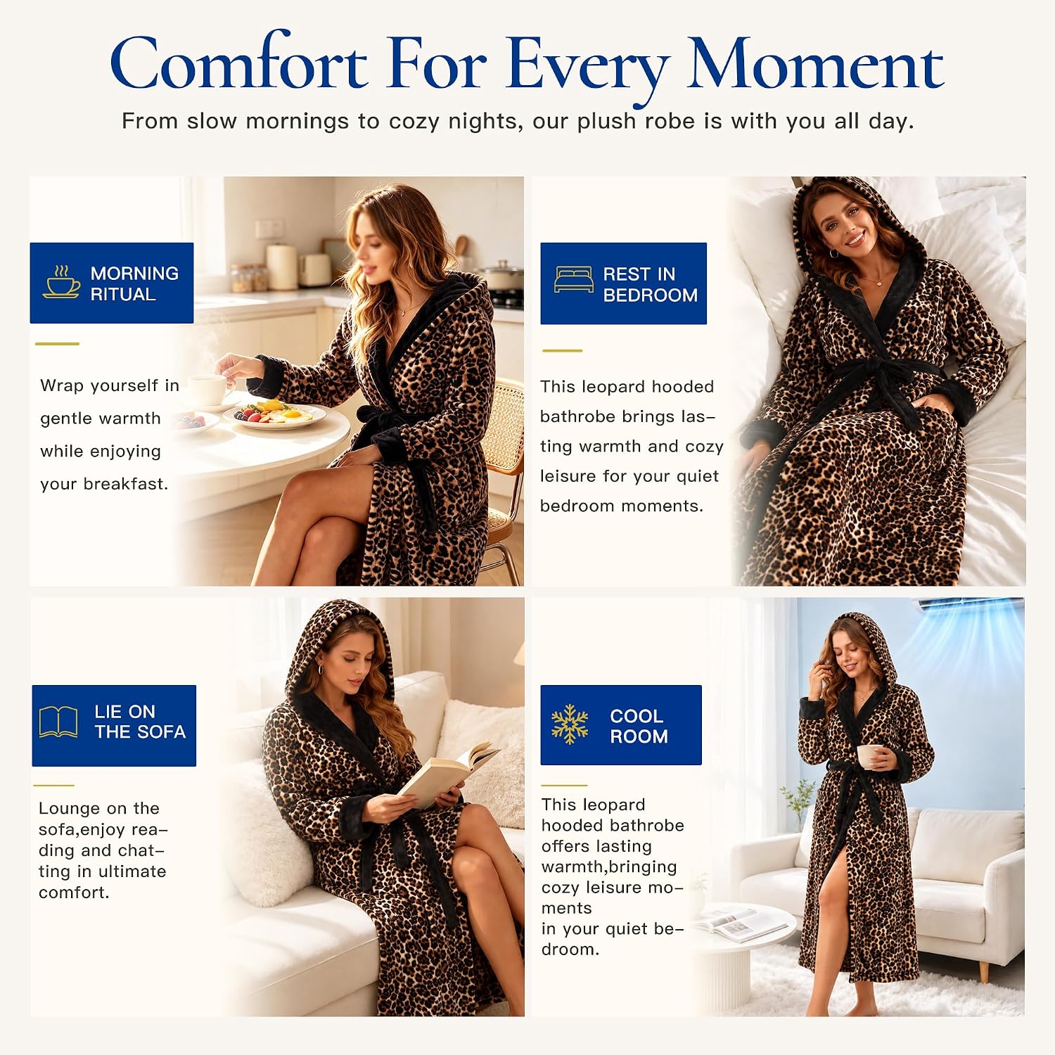 RONGTAI Women's Plush Hooded Robe Bathrobe-Fast Warmth for Home