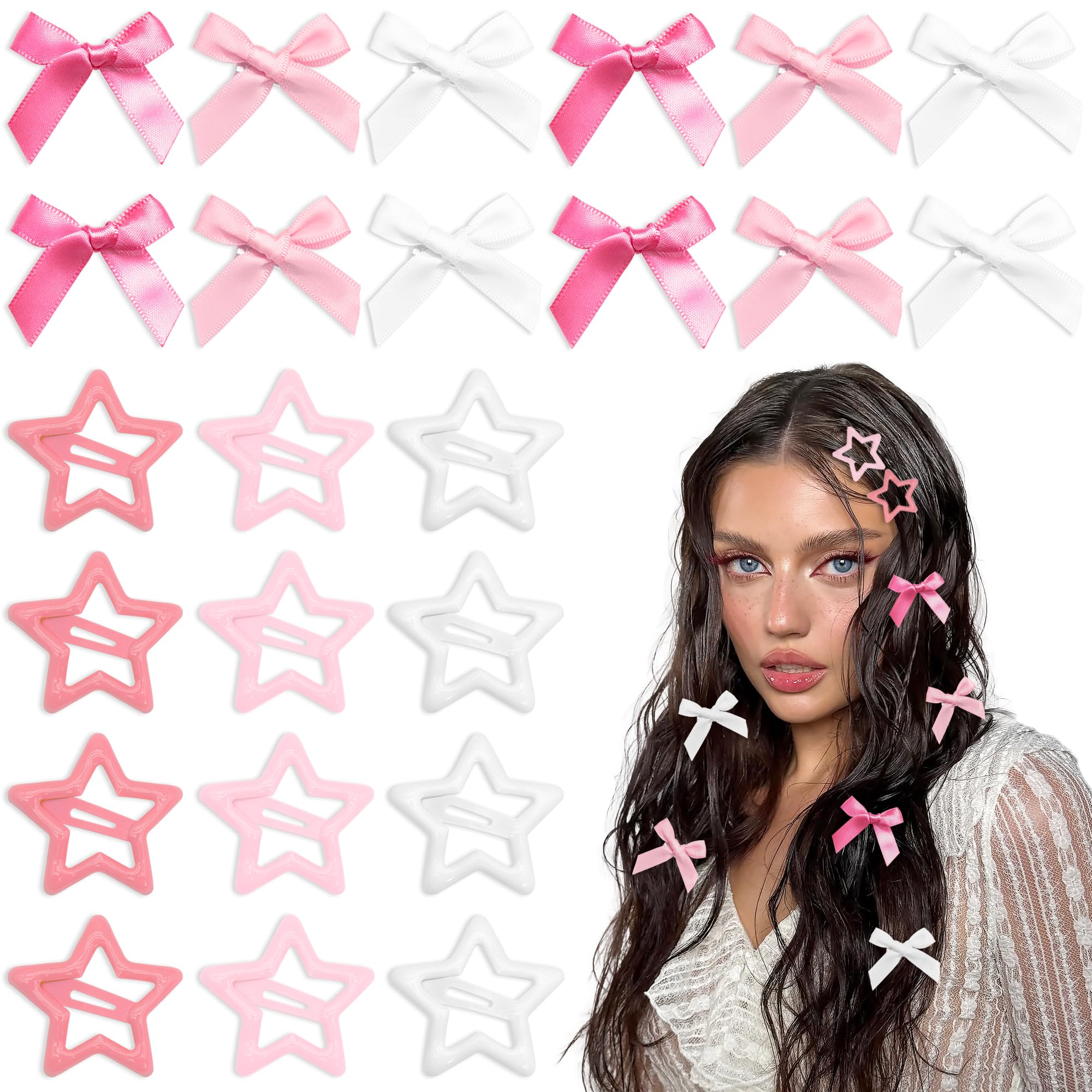 YAEISM 24PCS Small Hair Bows 3 Colors Star Hair Clips Satin Mini Bow Hair Clips Coquette Y2K Hair Accessories for Women Girls