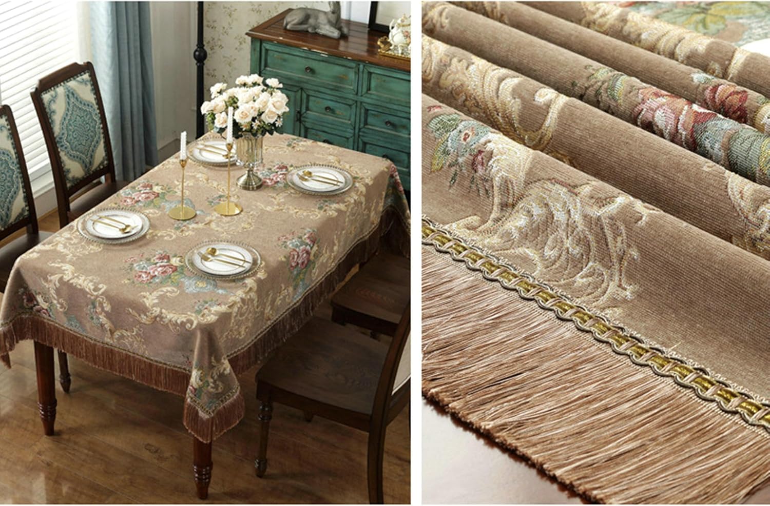 Square Tablecloth Cover 63 Inch, Tablecloth Coffee Polyester Floral Embroidered with Tassels Tablecloth for Wedding