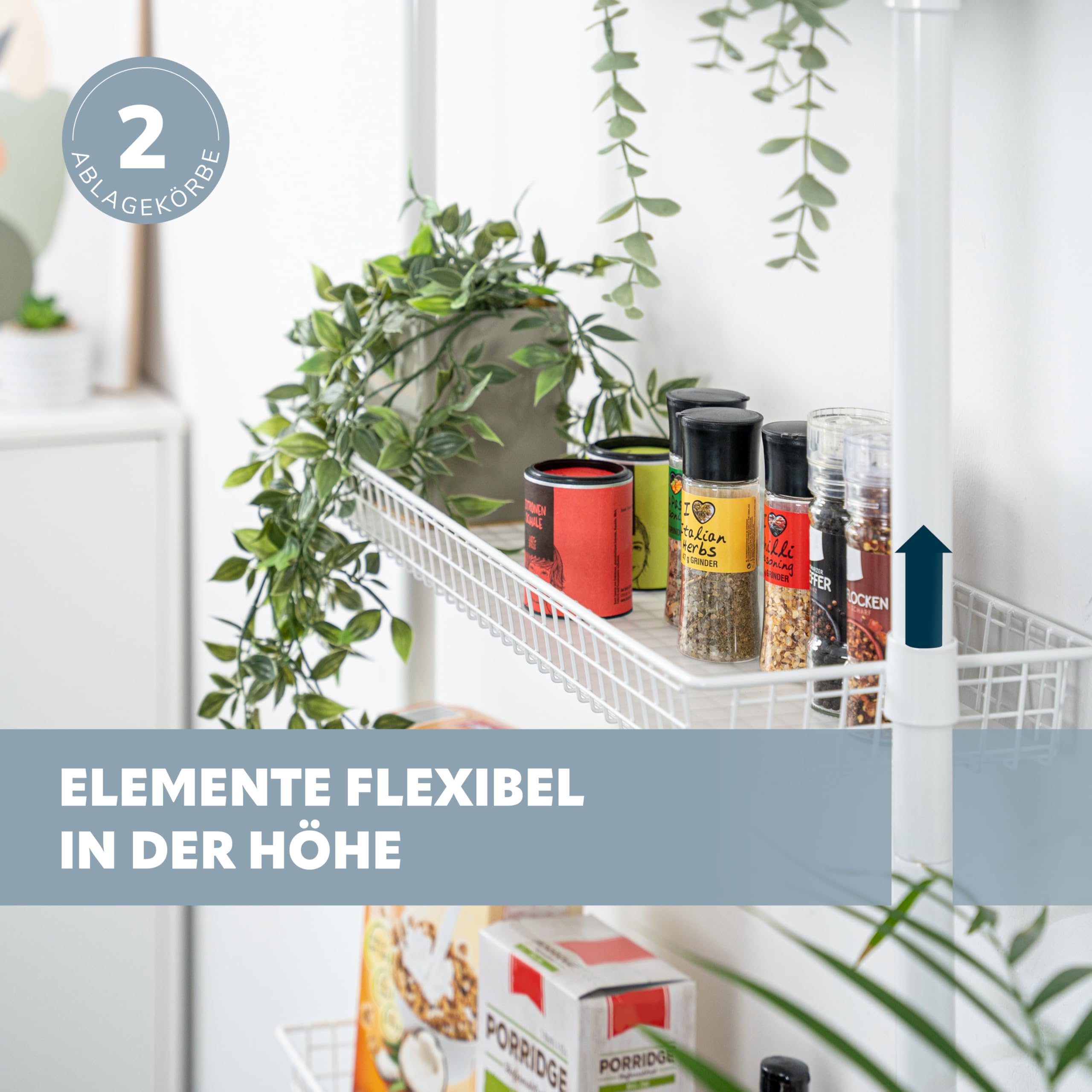 bremermann Teleskop-Regal mit 2 Körben 2 Ablagen, Badregal, Waschmaschinenregal, Allzweckregal für viele Wohnbereiche geeignet, Teleskop-Stange höhenverstellbar bis max. ca. 290 cm (Weiß)