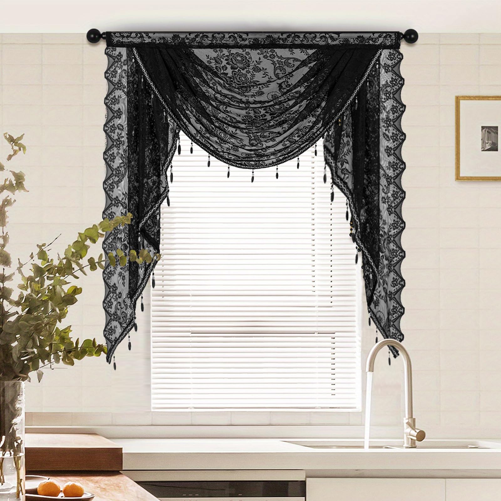 Lace Swag Valance Curtain 1 Panel Semi Sheer Light Filtering Privacy Floral Patterned Valances with Tassel Voile Swags for Kitchen Cafe Bedroom Bay Windows (A - Black, W 39.4" x L 41.4" (1 Panel))